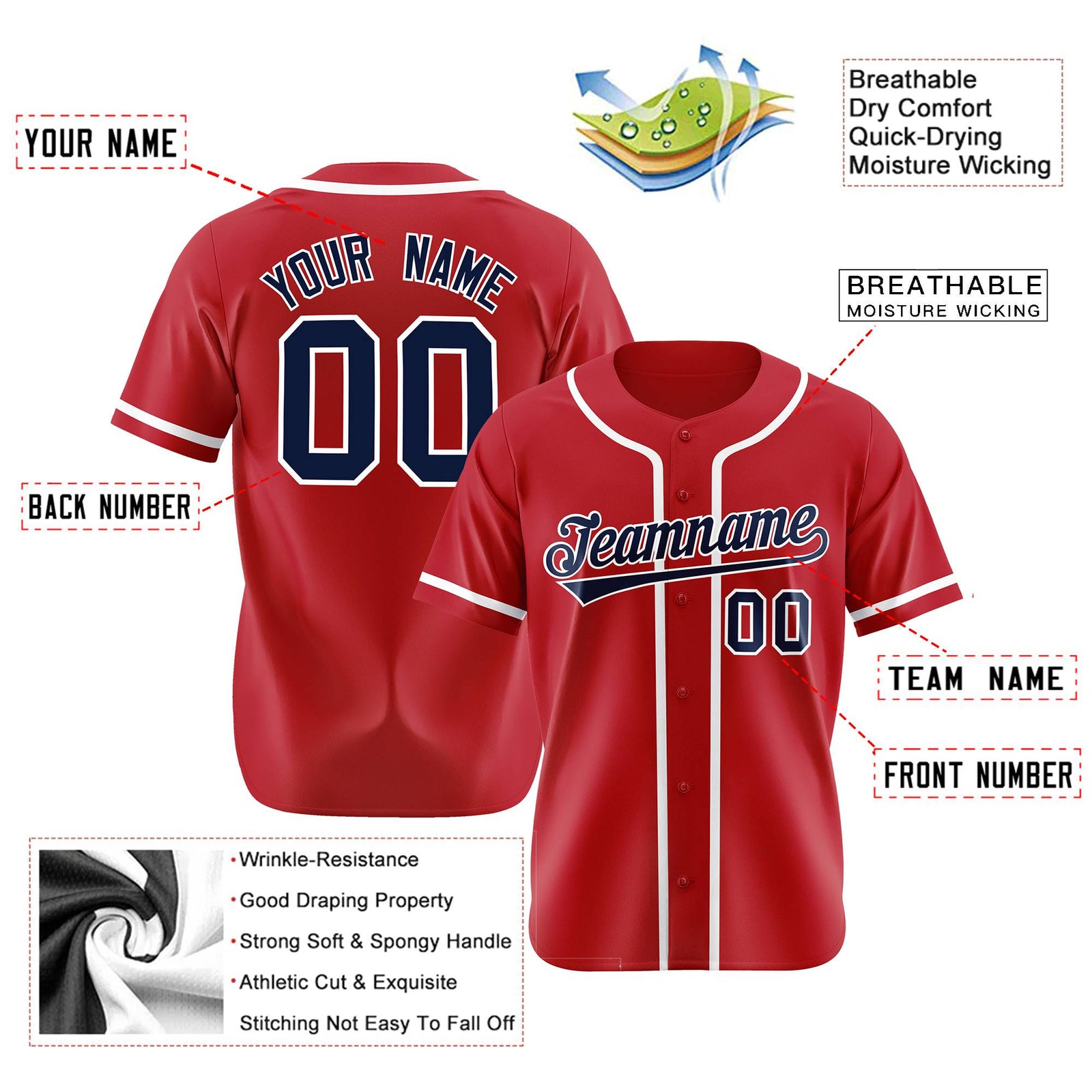 Custom Red Navy-White Classic Style Authentic Baseball Jersey