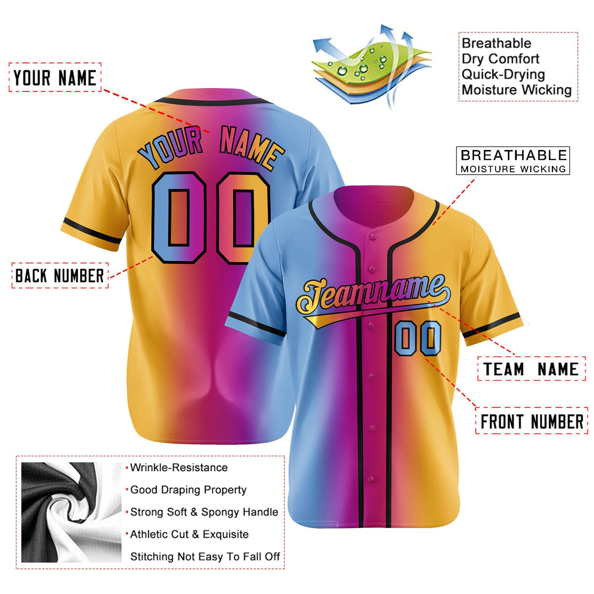 Custom Light Blue Pink-Yellow Gradient Style Authentic Baseball Jersey