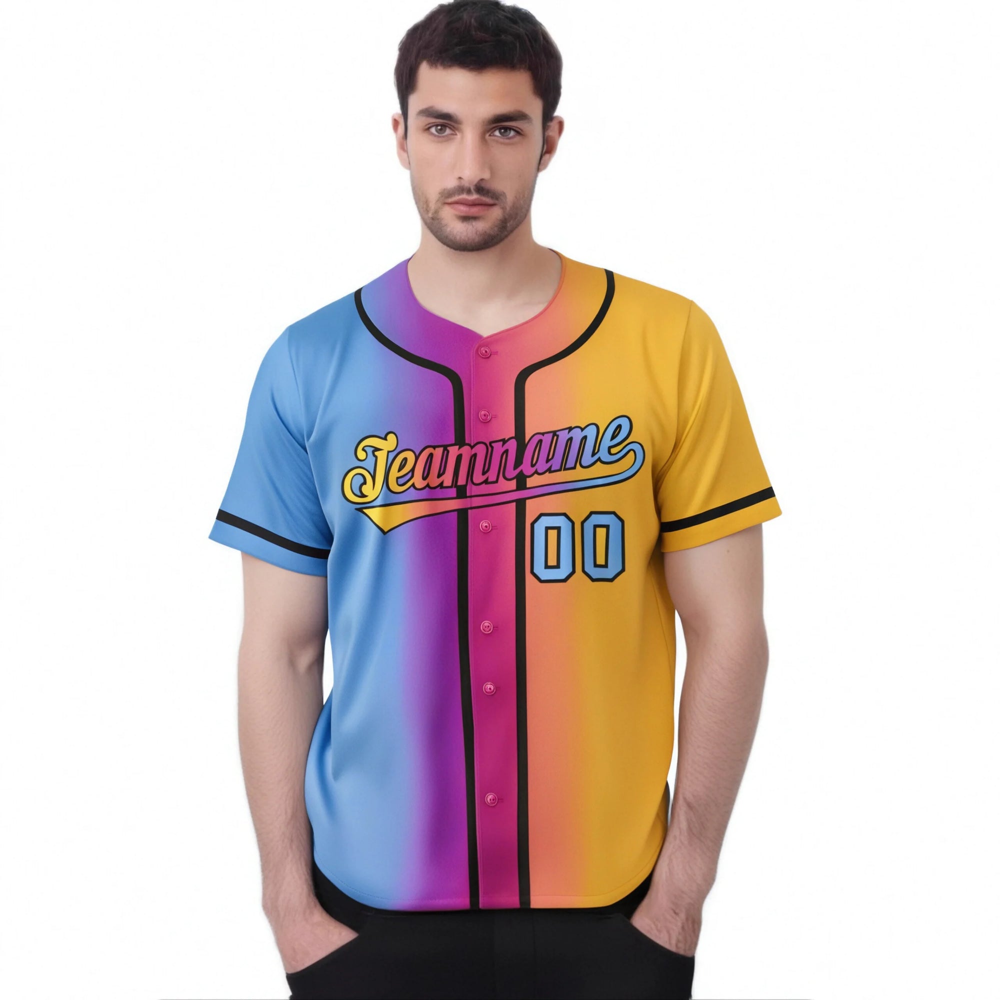 Custom Light Blue Pink-Yellow Gradient Style Authentic Baseball Jersey