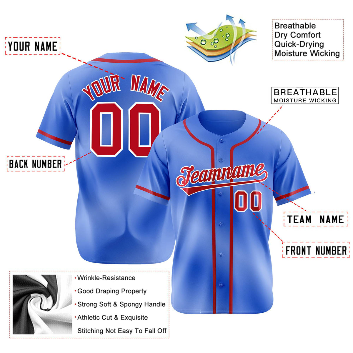 Custom Powder Blue Red Classic Style Authentic Baseball Jersey