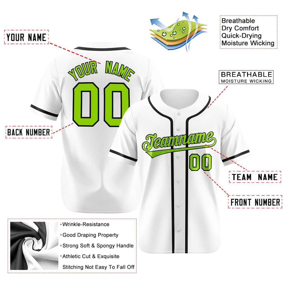 Custom White Neon Green-Black Classic Style Authentic Baseball Jersey