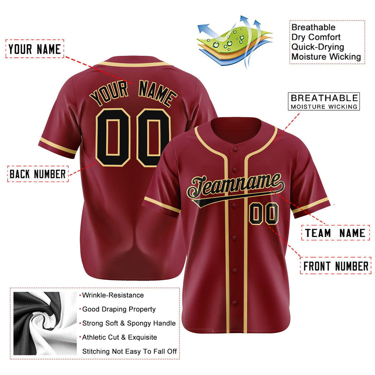 Custom Crimson khaki-Black Classic Style Authentic Baseball Jersey