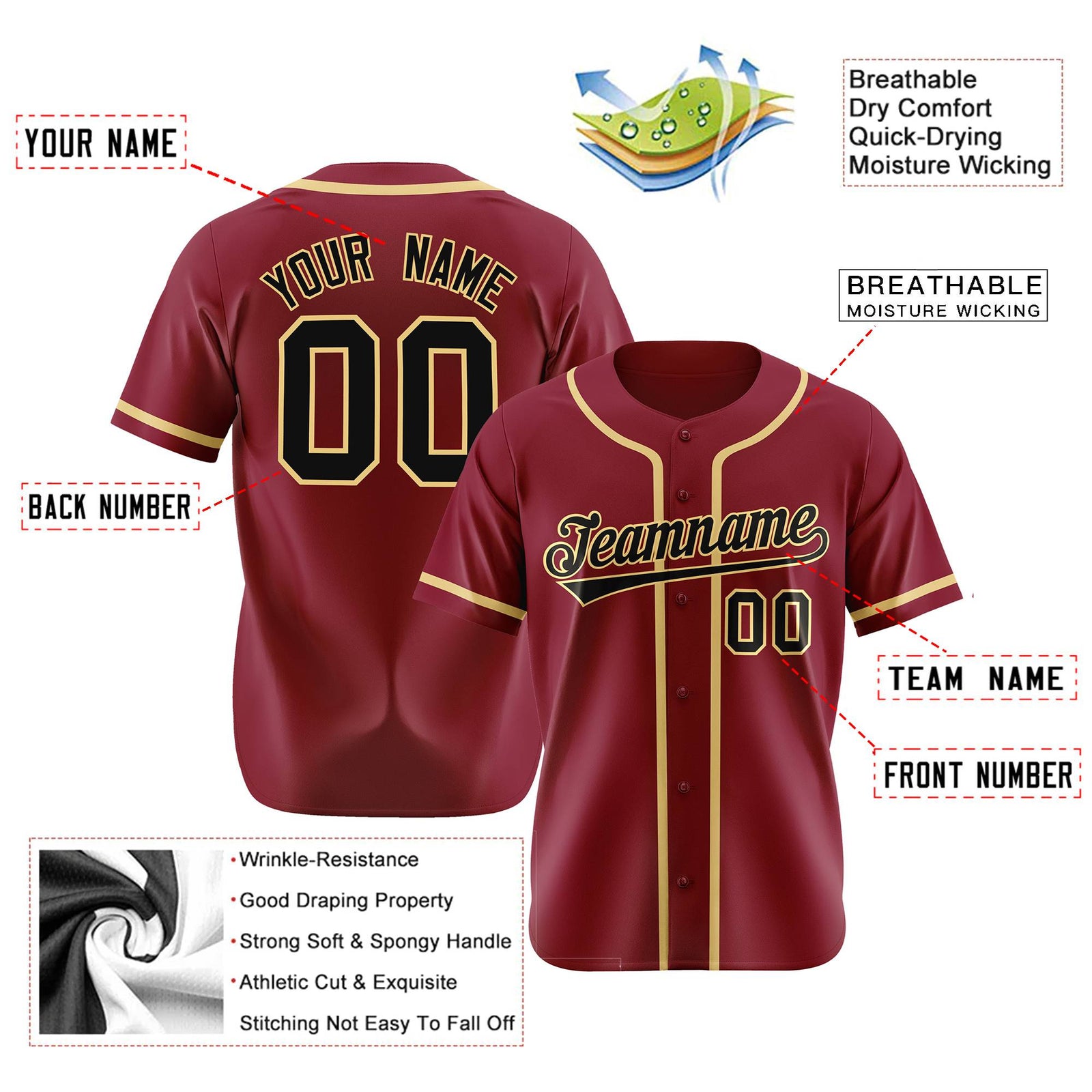 Custom Crimson khaki-Black Classic Style Authentic Baseball Jersey