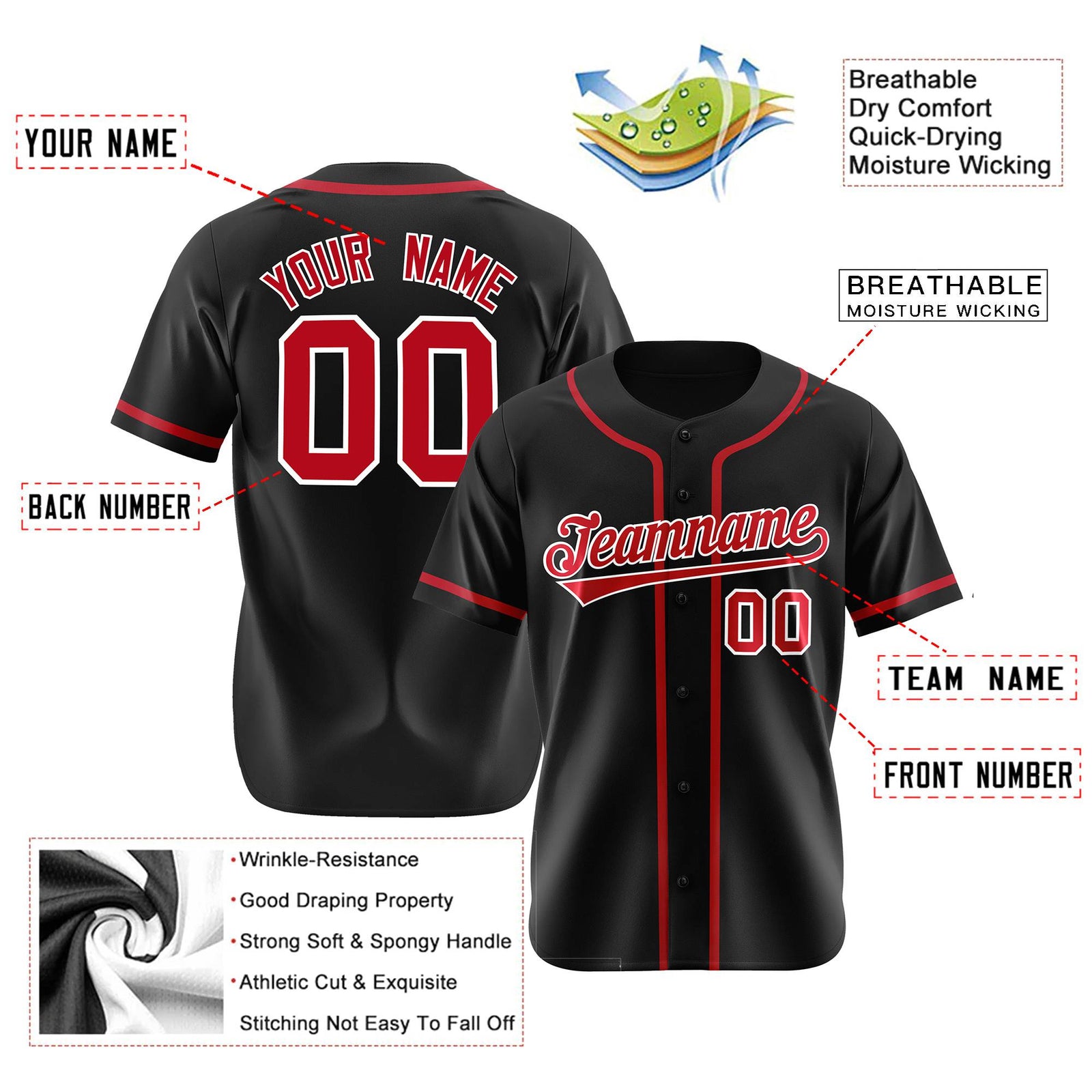 Custom Black Red Classic Style Authentic Baseball Jersey