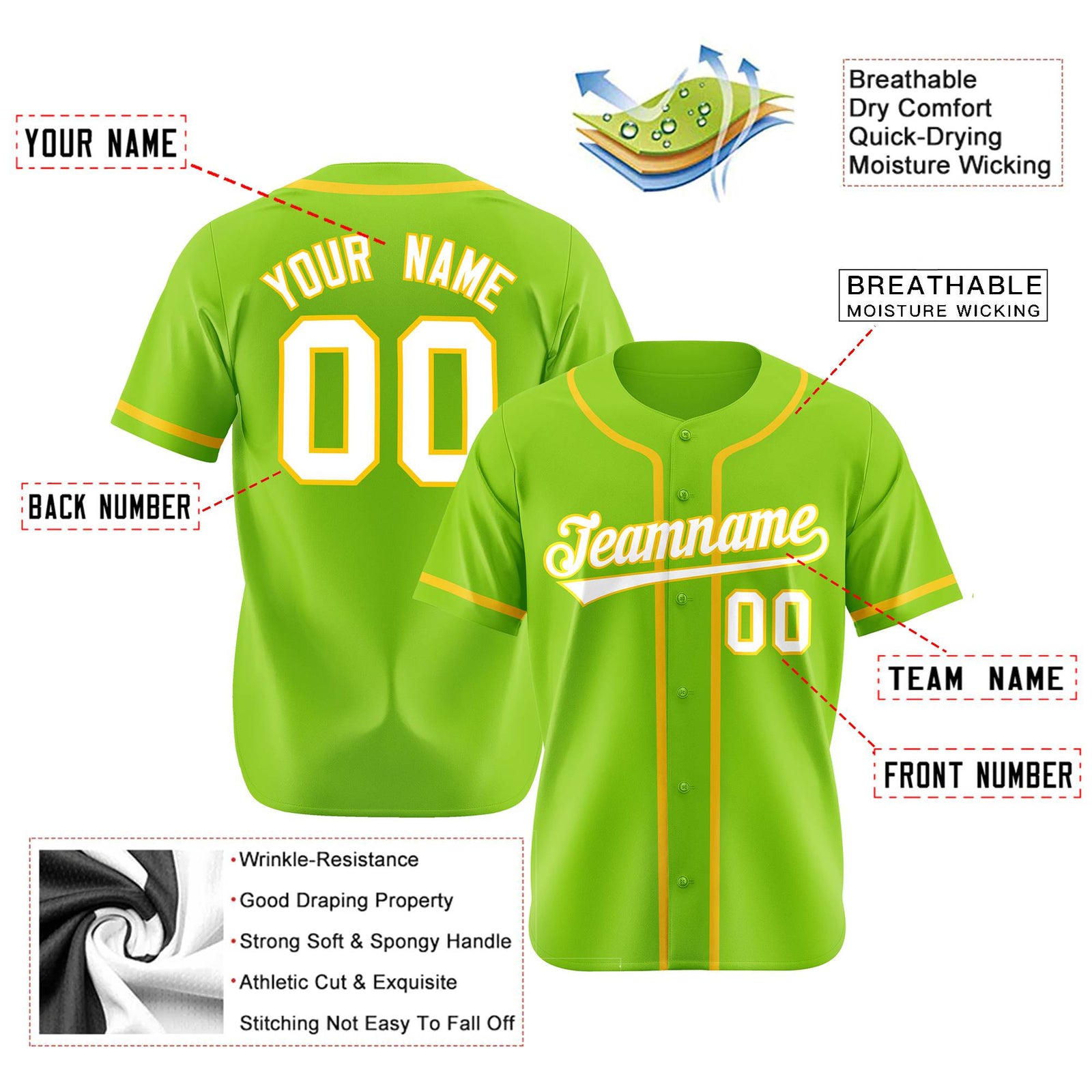 Custom Neon Green Gold-White Classic Style Authentic Baseball Jersey
