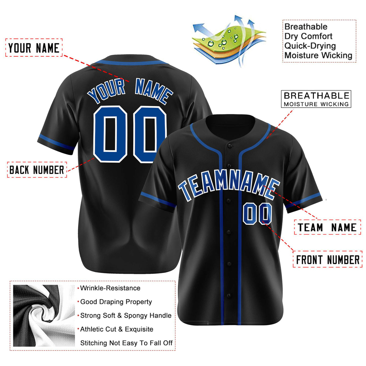 Custom Black Royal Blue Classic Style Authentic Baseball Jersey
