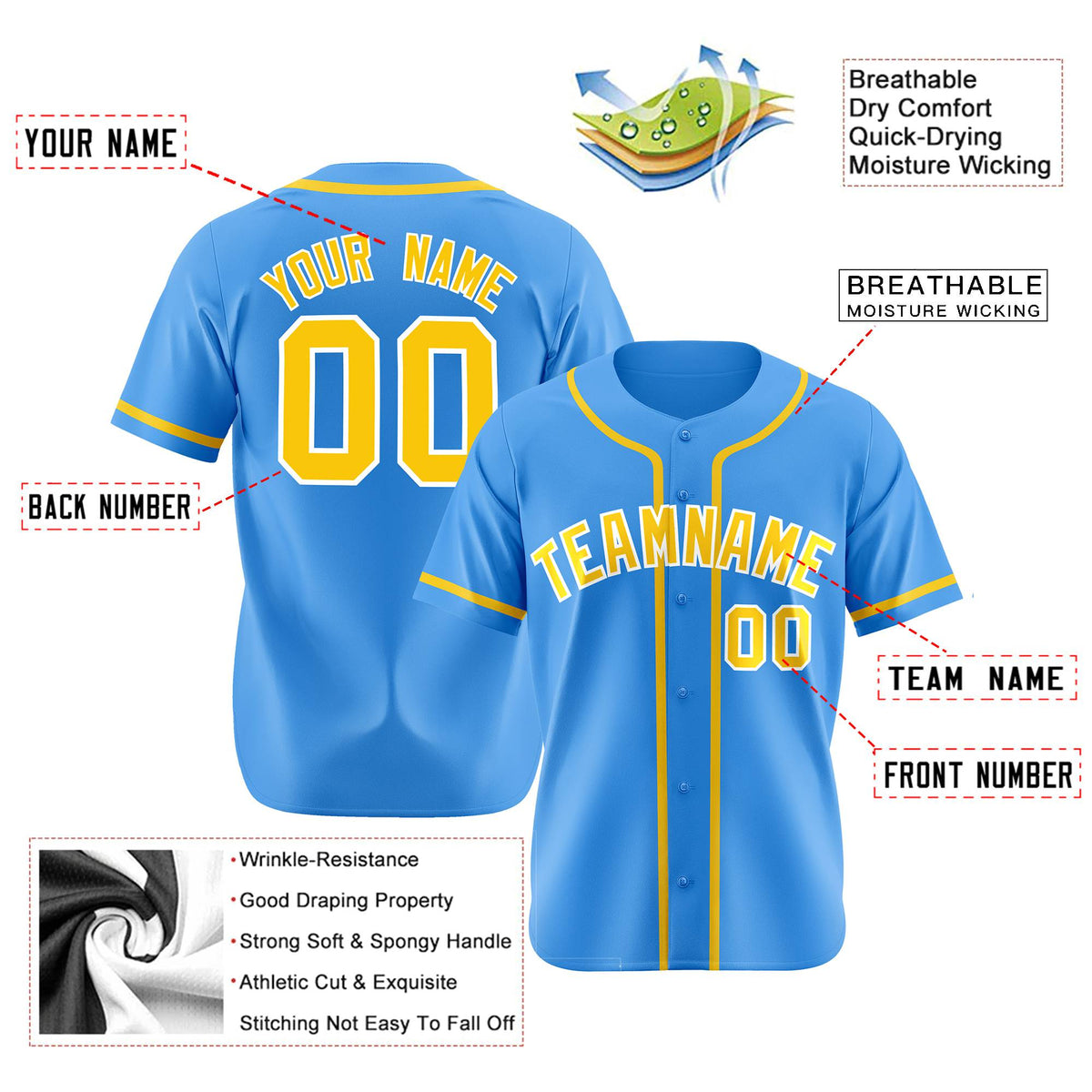 Custom Powder Blue Glod Classic Style Authentic Baseball Jersey