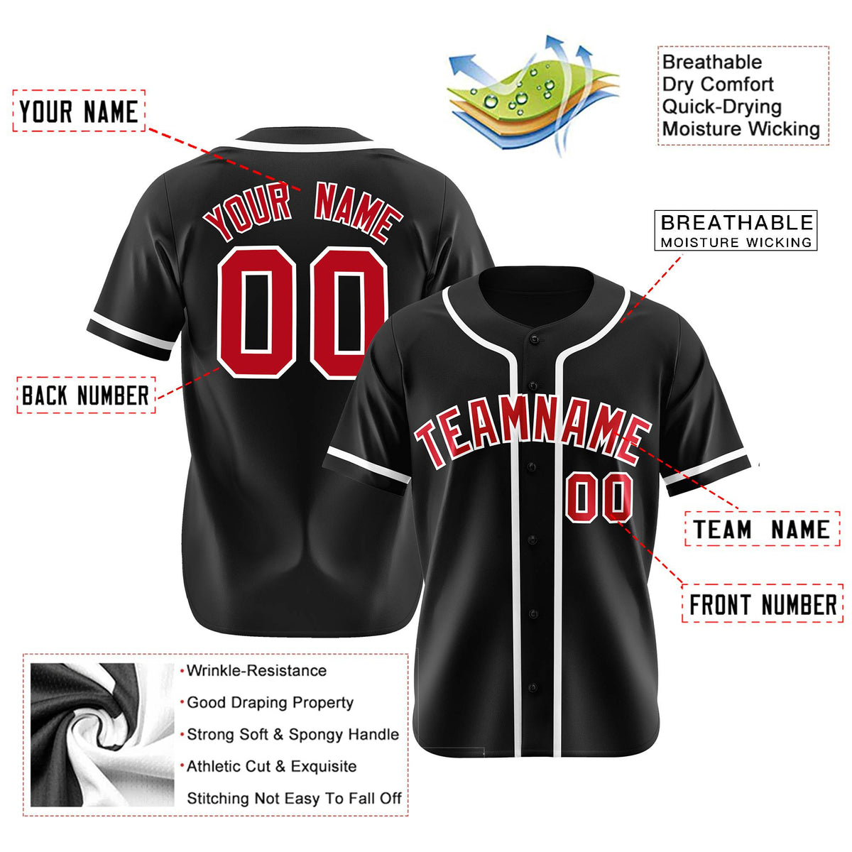 Custom Black Red-White Classic Style Authentic Baseball Jersey