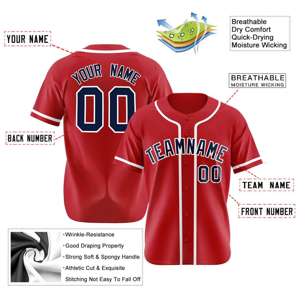 Custom Red Navy-White Classic Style Authentic Baseball Jersey