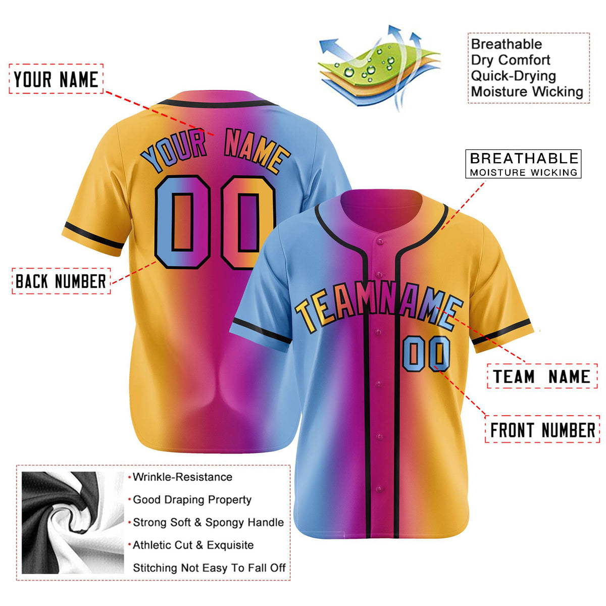 Custom Light Blue Pink-Yellow Gradient Style Authentic Baseball Jersey