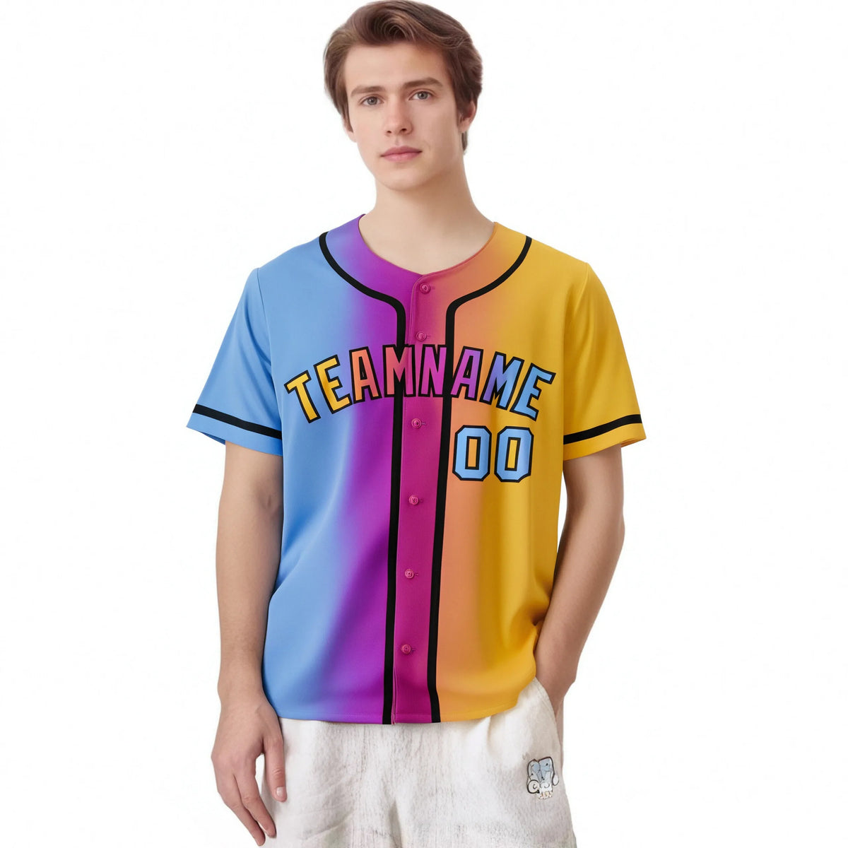 Custom Light Blue Pink-Yellow Gradient Style Authentic Baseball Jersey