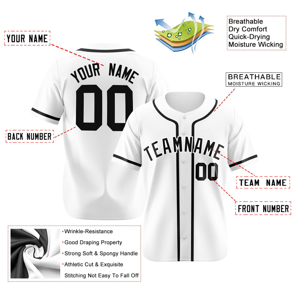 Custom White Black Classic Style Authentic Baseball Jersey