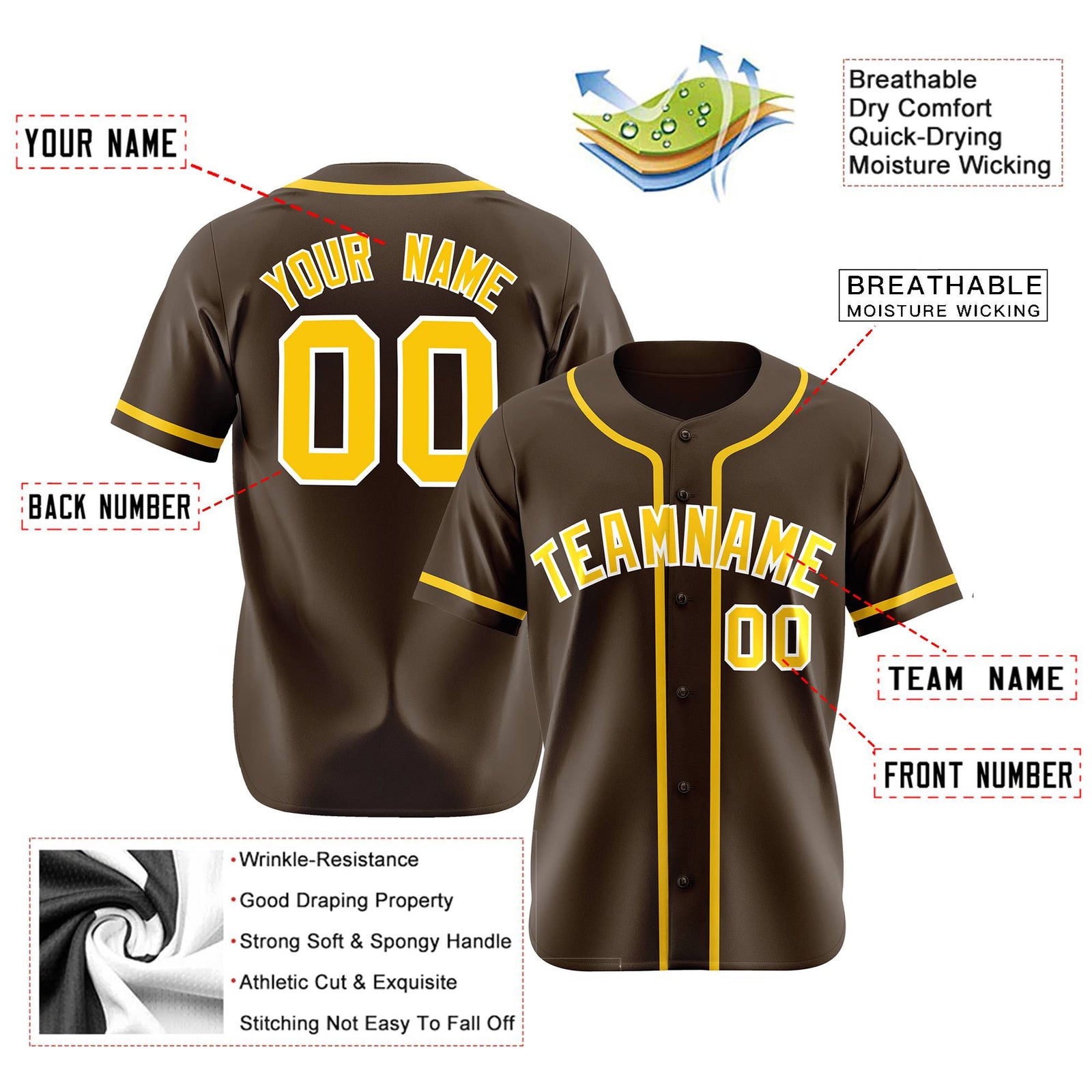 Custom Brown Glod Classic Style Authentic Baseball Jersey