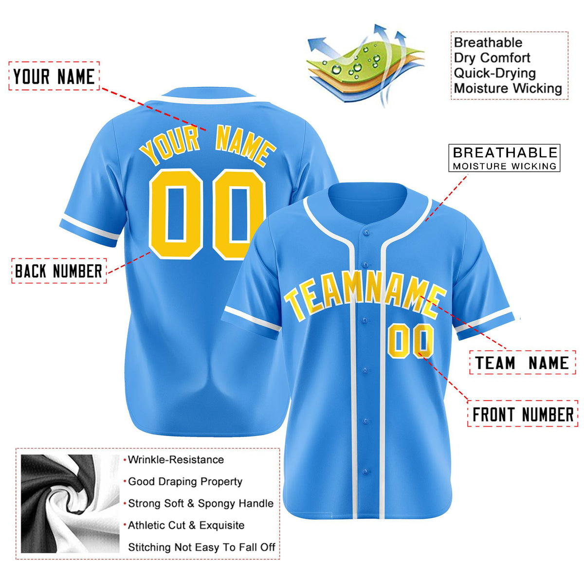 Custom Powder Blue White Classic Style Authentic Baseball Jersey