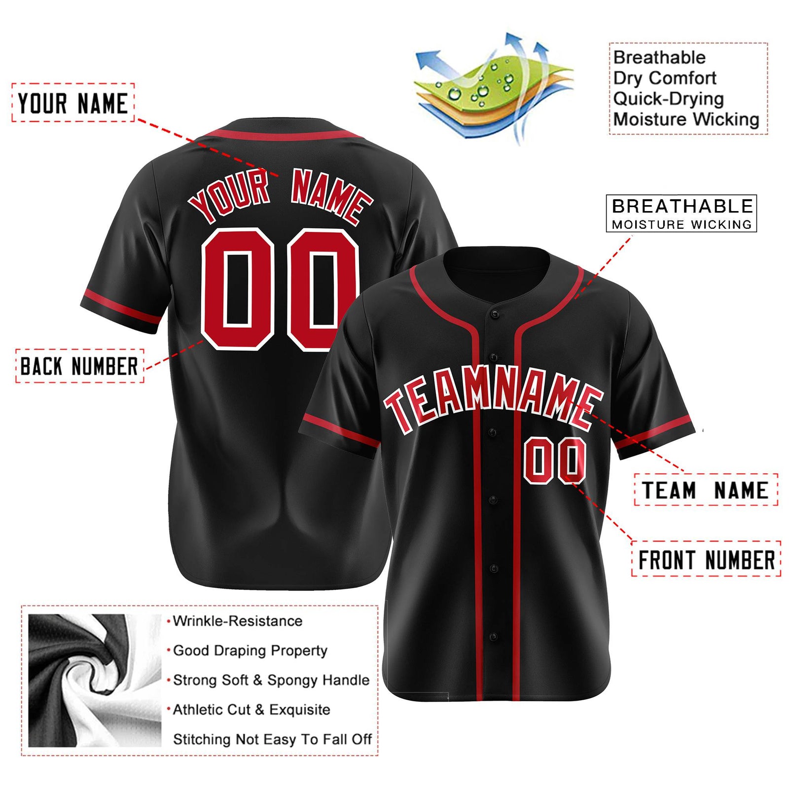 Custom Black Red Classic Style Authentic Baseball Jersey