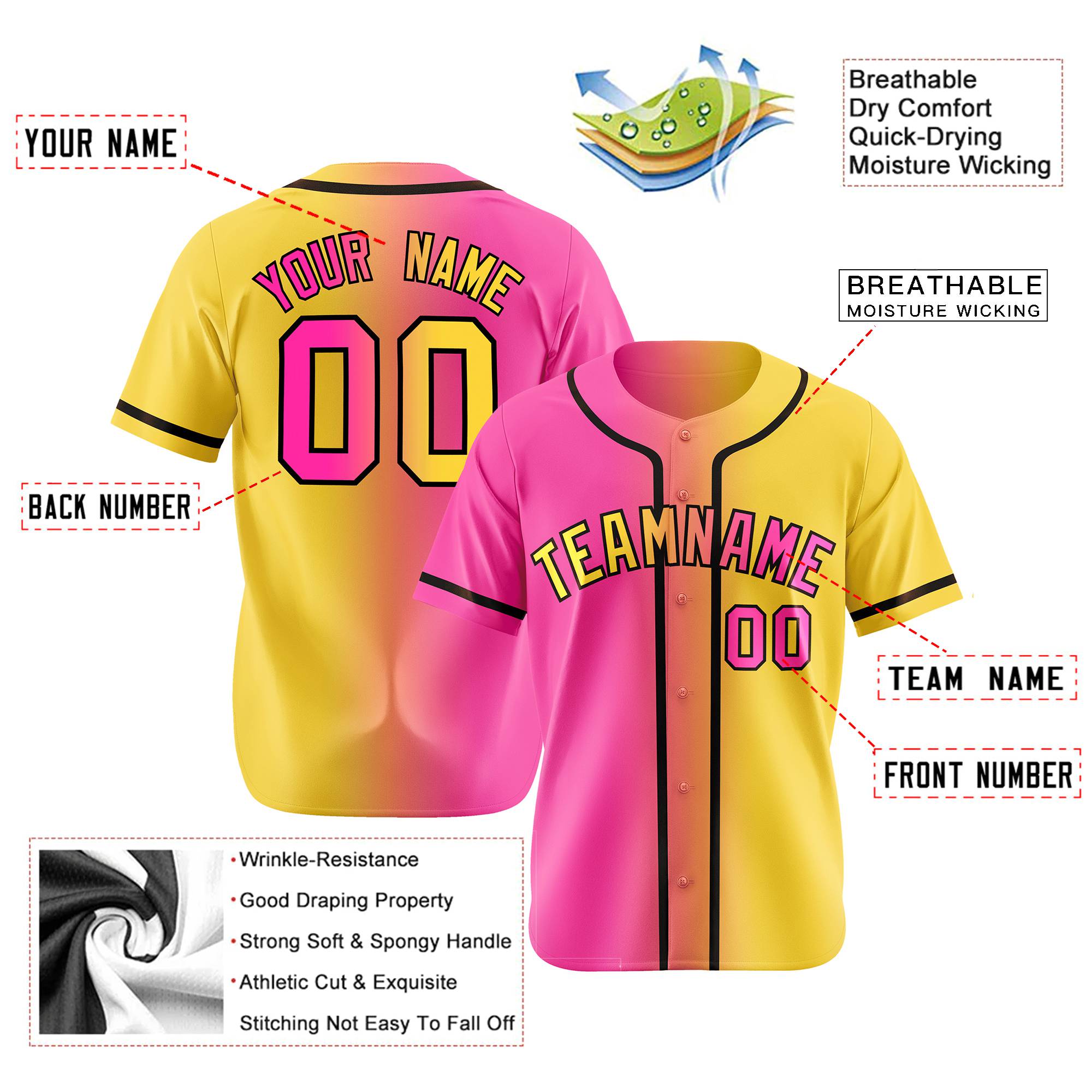 Custom Pink Yellow Gradient Authentic Baseball Jersey