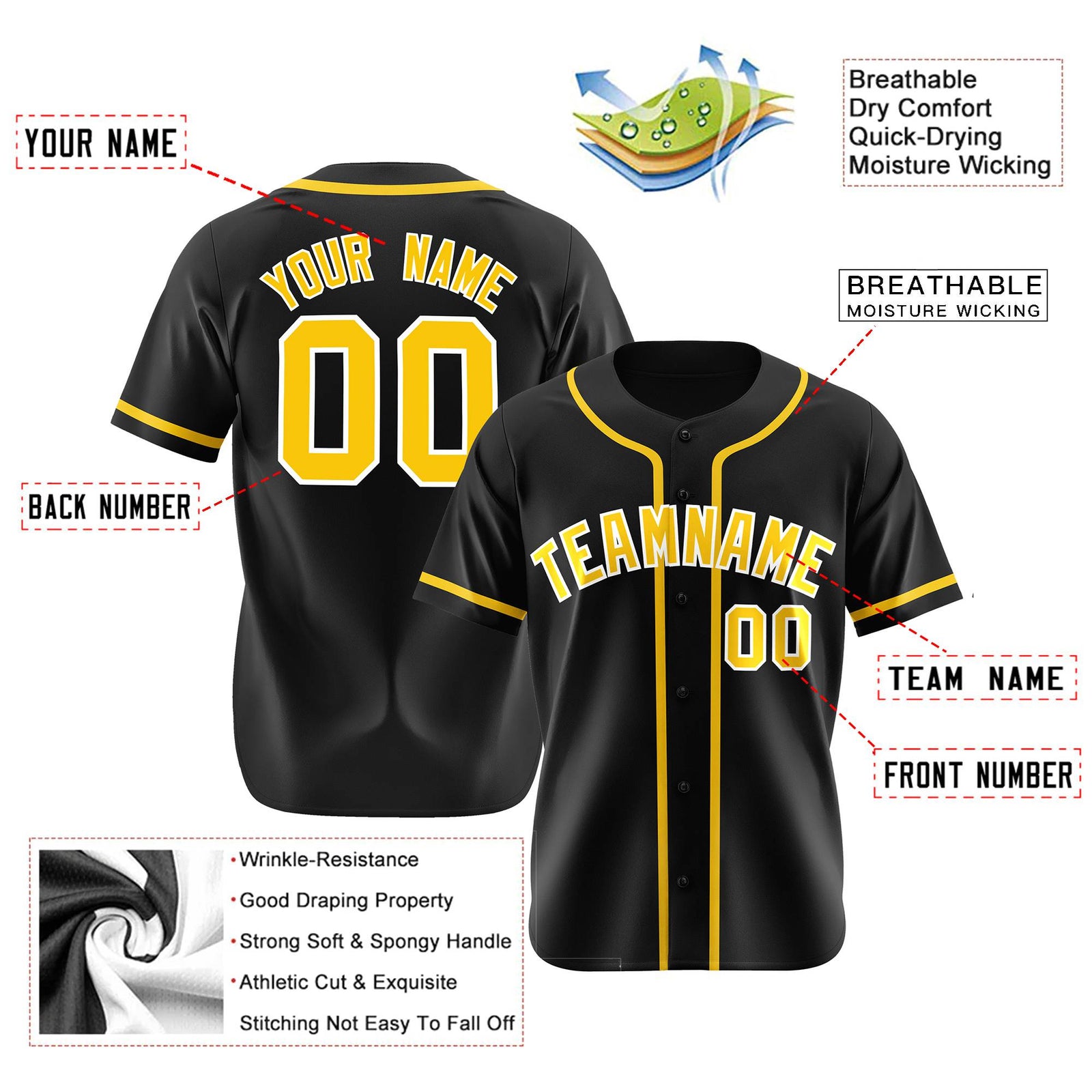 Custom Black Gold Classic Style Authentic Baseball Jersey