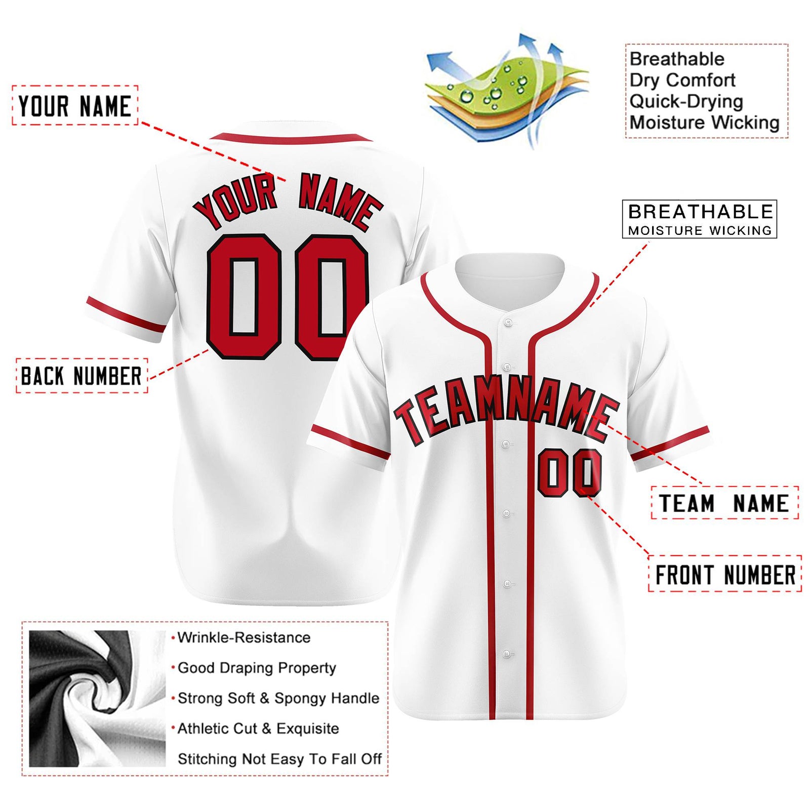Custom White Red Classic Style Authentic Baseball Jersey