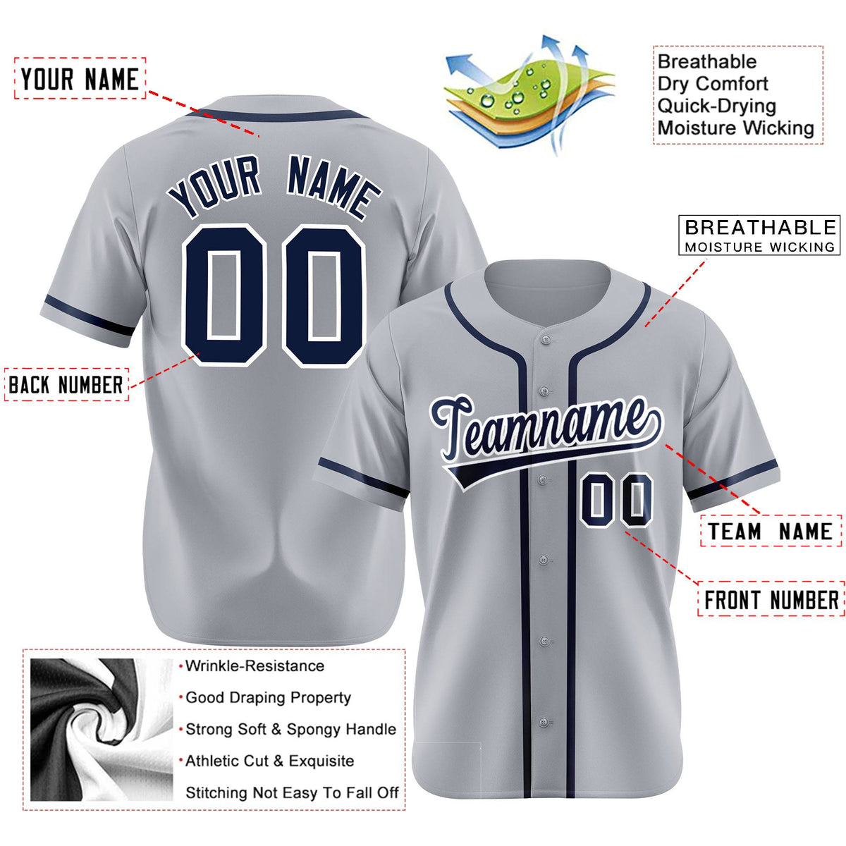 Custom Gray Navy Classic Style Authentic Baseball Jersey