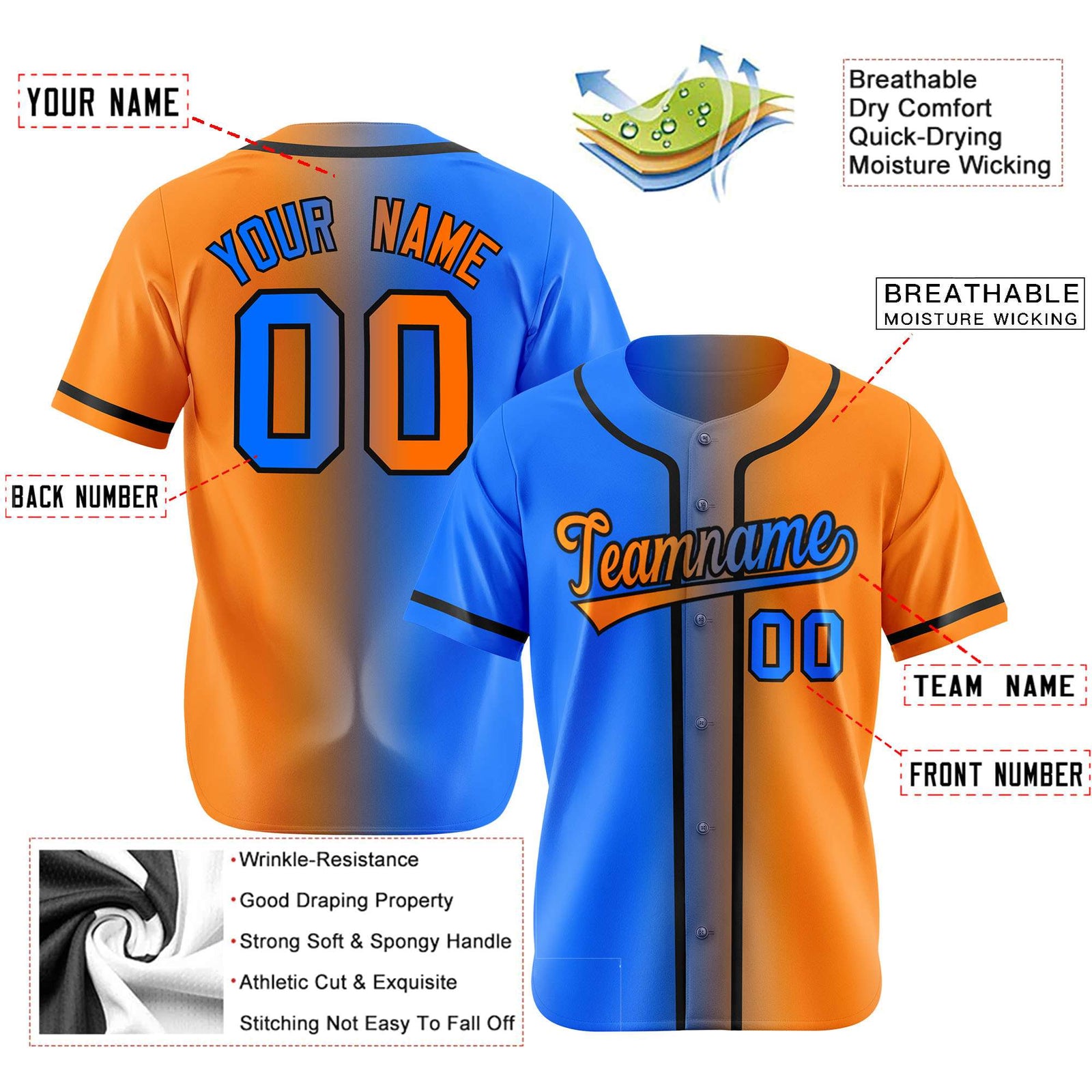 Custom Orange Blue Gradient Style Authentic Baseball Jersey