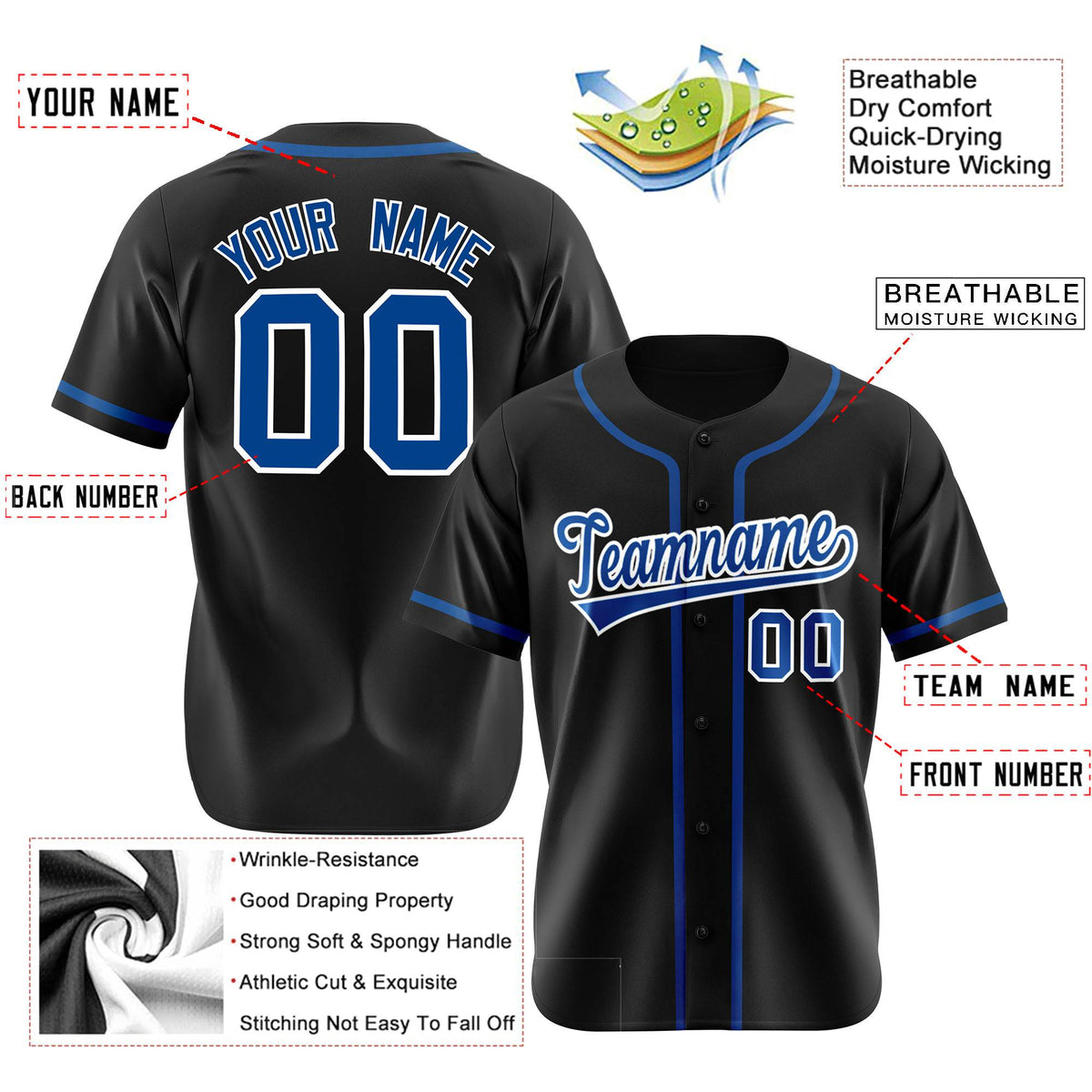 Custom Black Royal Blue Classic Style Authentic Baseball Jersey