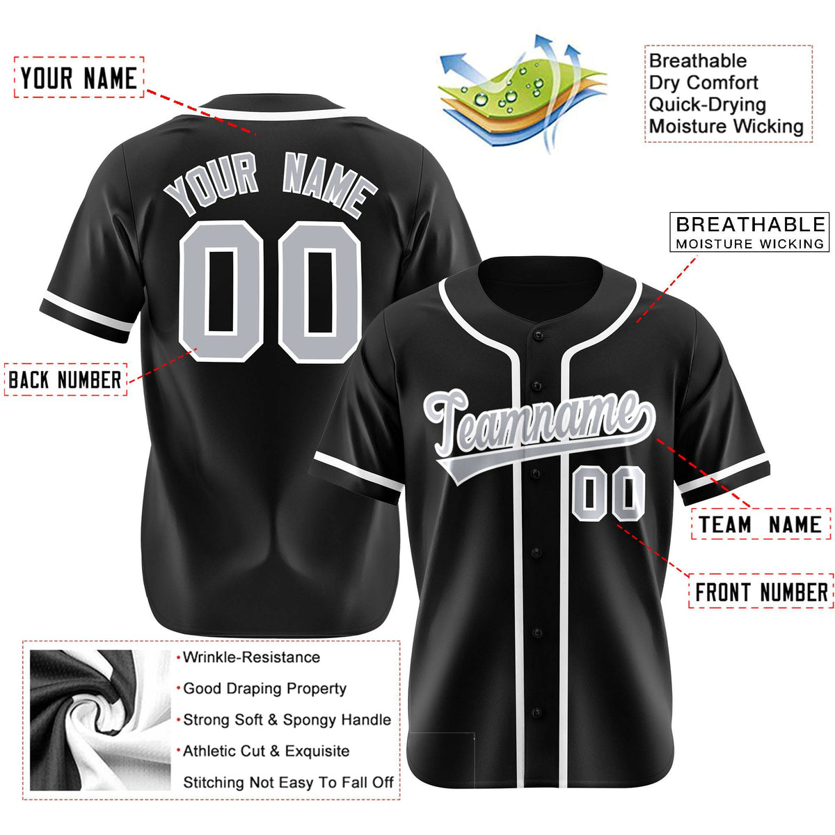 Custom Black Gray-White Classic Style Authentic Baseball Jersey