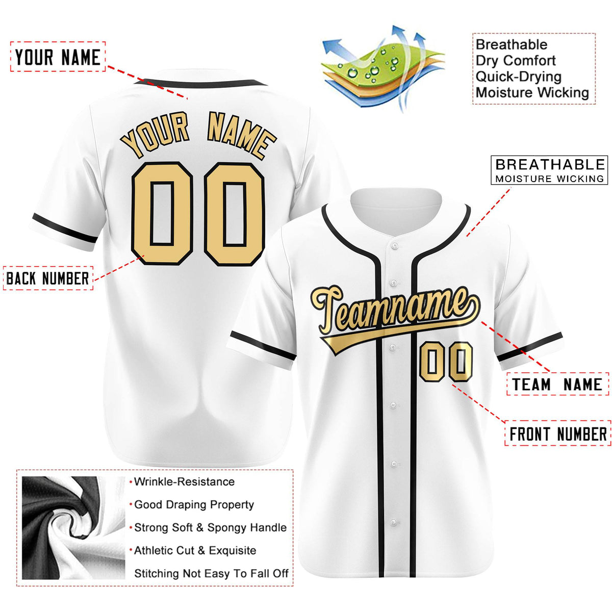 Custom White Glod-Black Classic Style Authentic Baseball Jersey