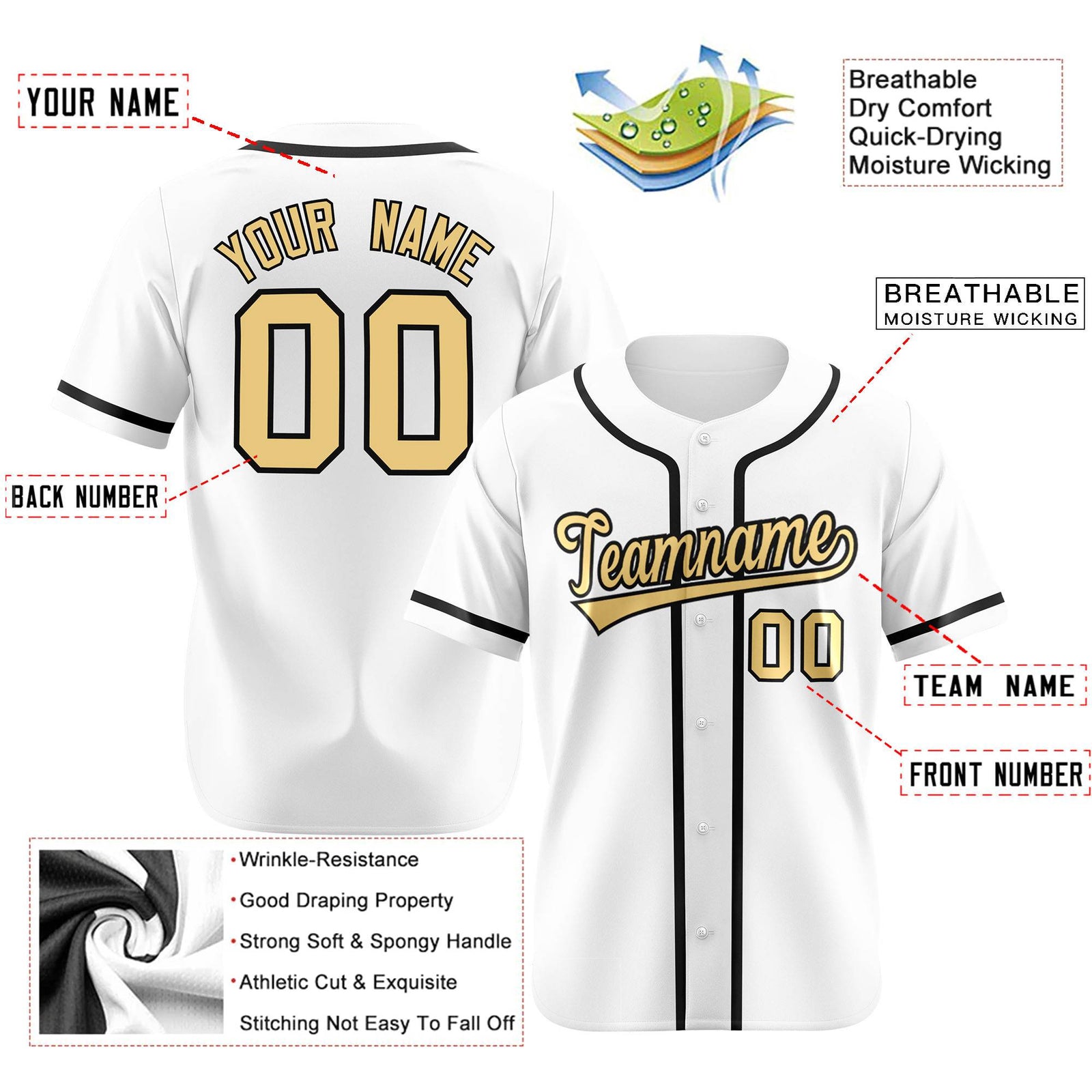 Custom White Glod-Black Classic Style Authentic Baseball Jersey