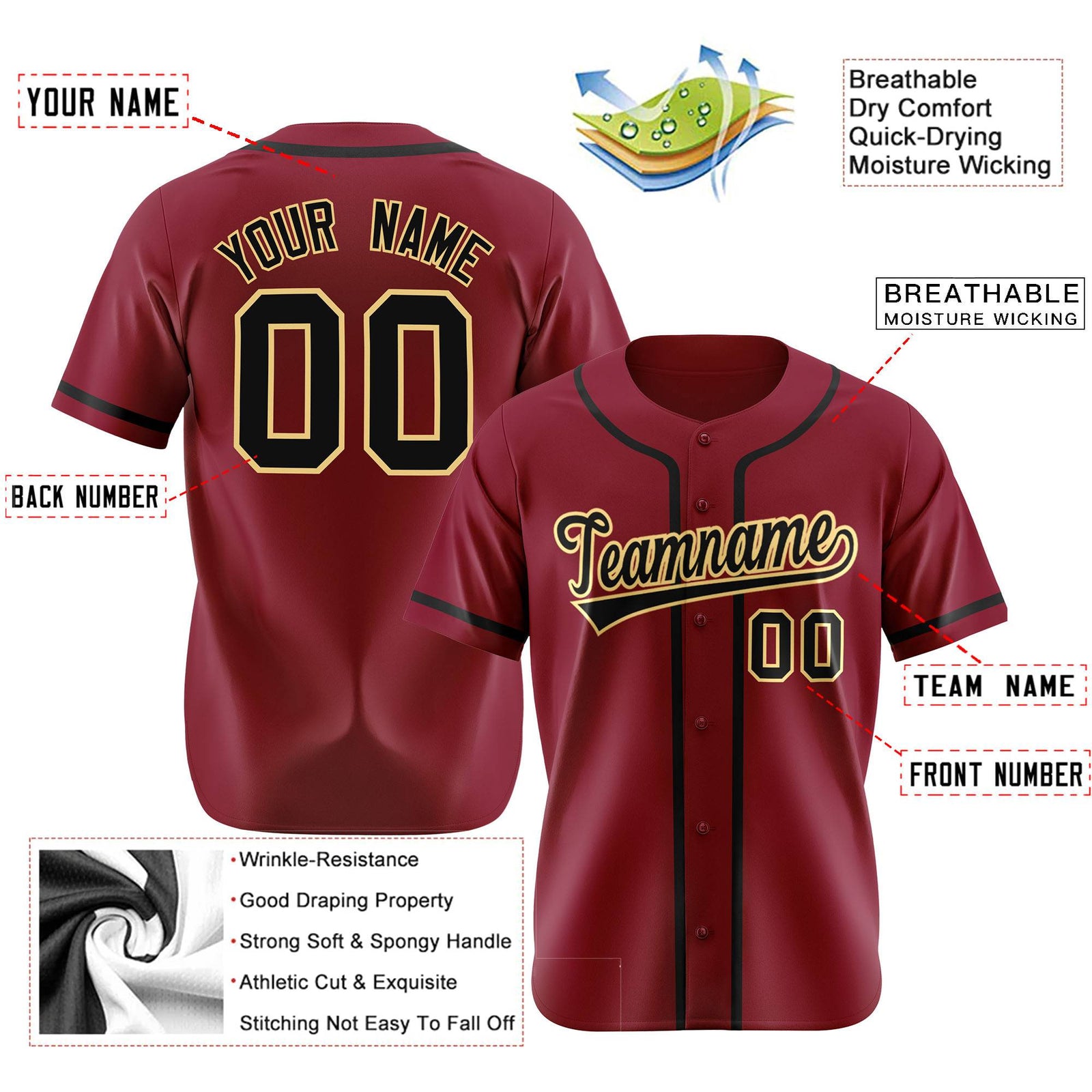 Custom Crimson Black Classic Style Authentic Baseball Jersey