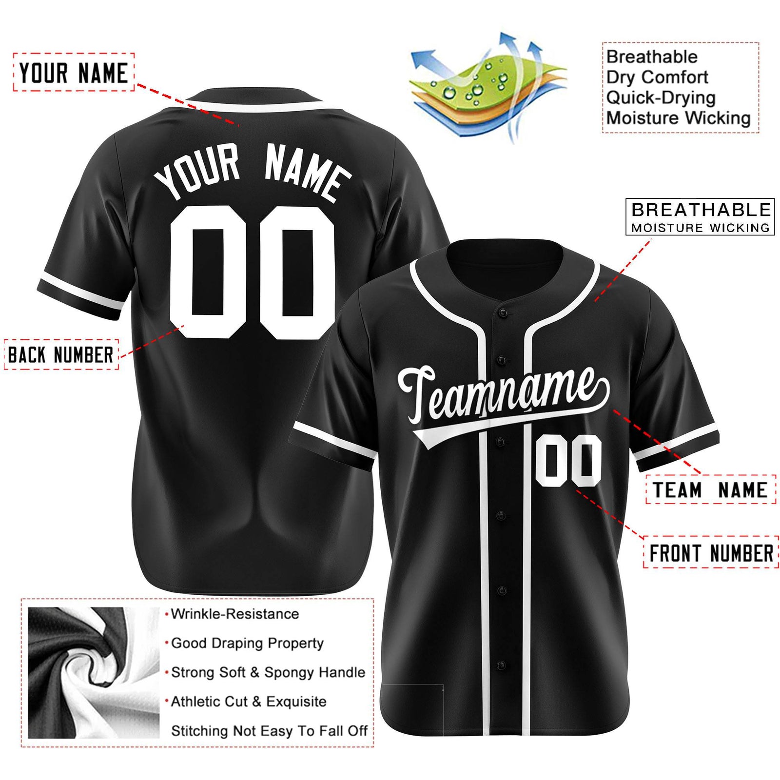 Custom Black White Classic Style Authentic Baseball Jersey