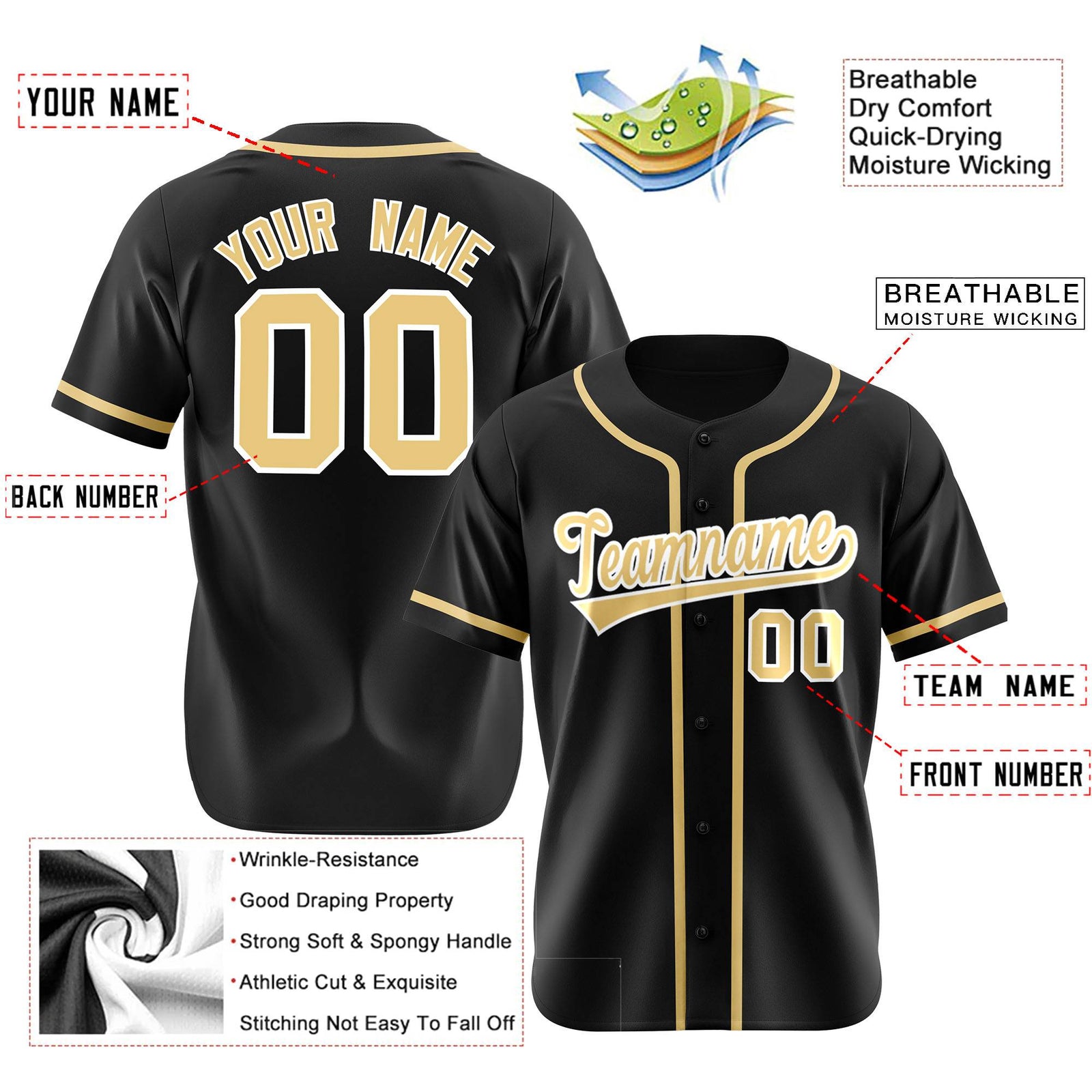 Custom Black Khaki Classic Style Authentic Baseball Jersey