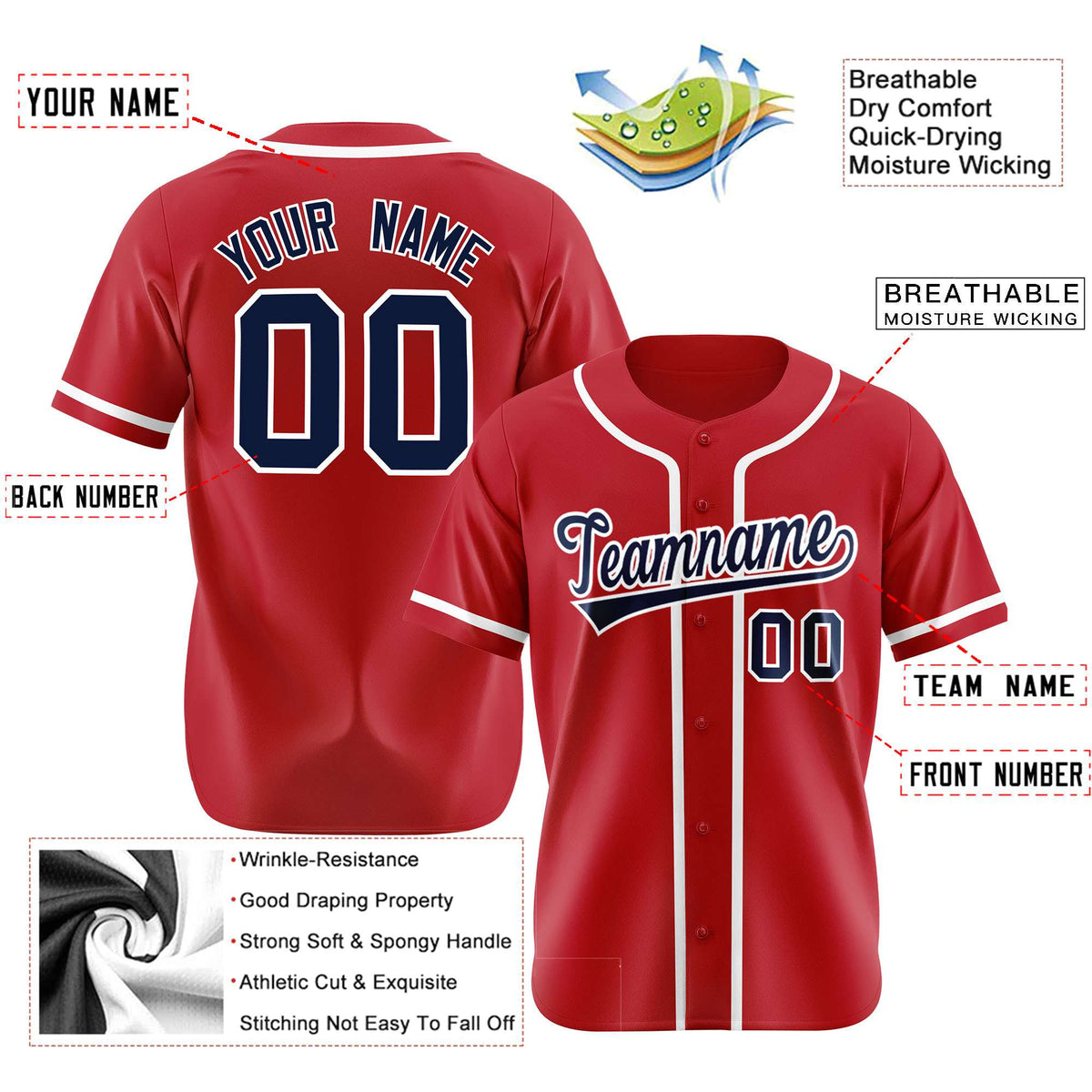 Custom Red Navy-White Classic Style Authentic Baseball Jersey