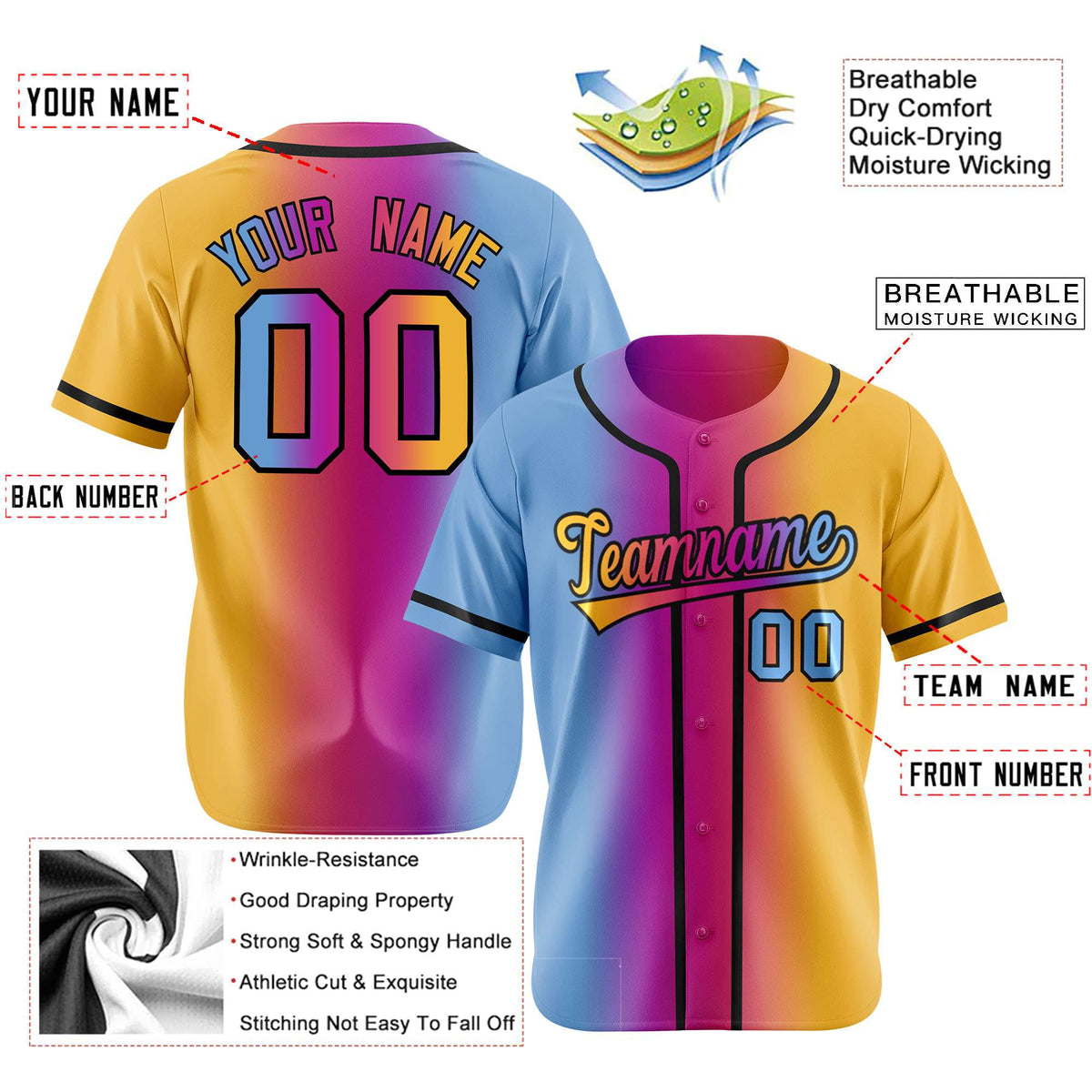 Custom Light Blue Pink-Yellow Gradient Style Authentic Baseball Jersey