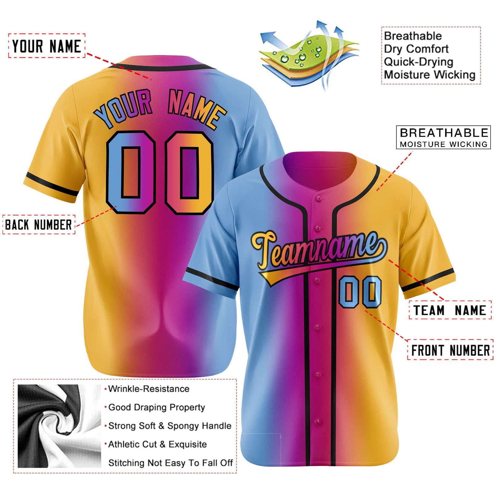 Custom Light Blue Pink-Yellow Gradient Style Authentic Baseball Jersey