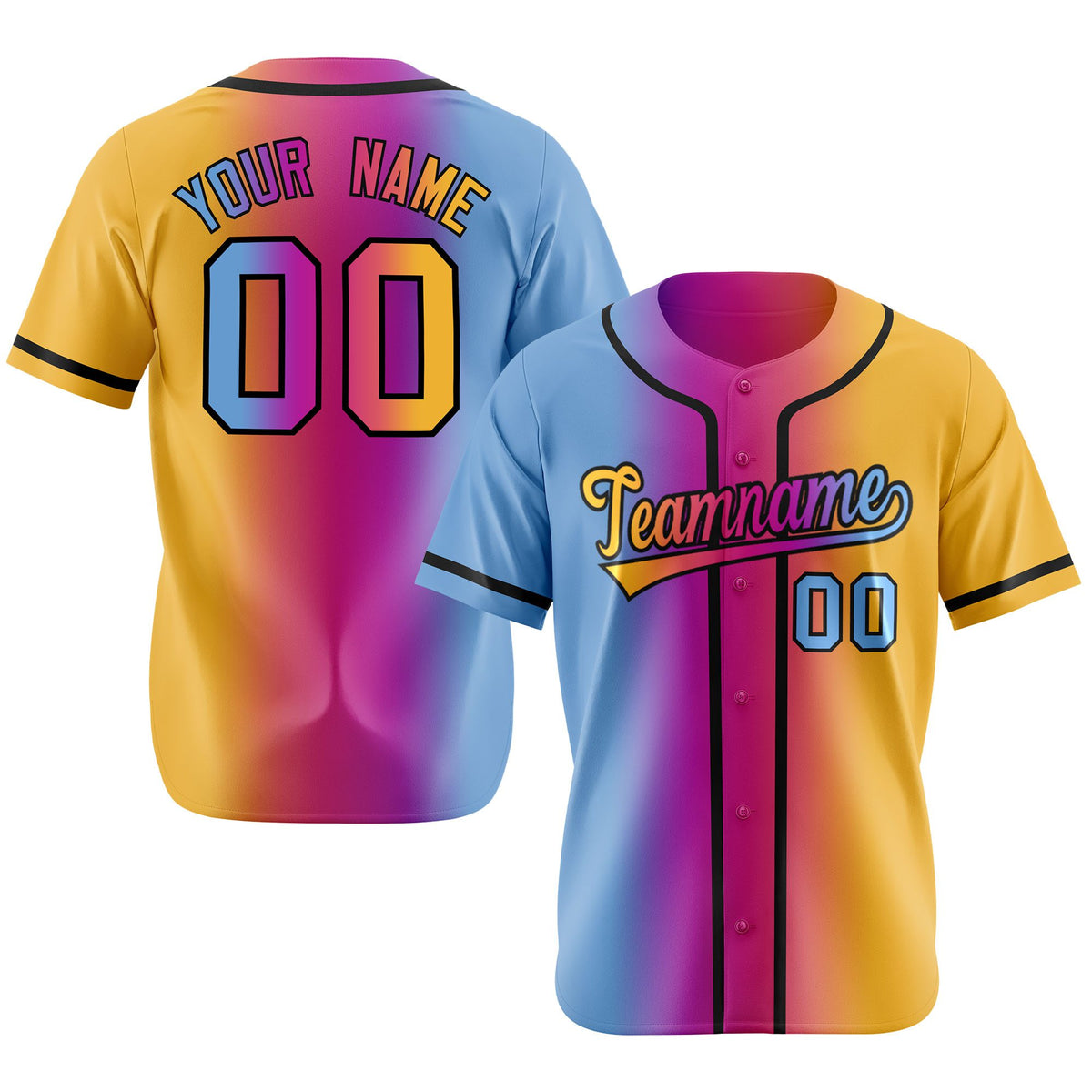 Custom Light Blue Pink-Yellow Gradient Style Authentic Baseball Jersey