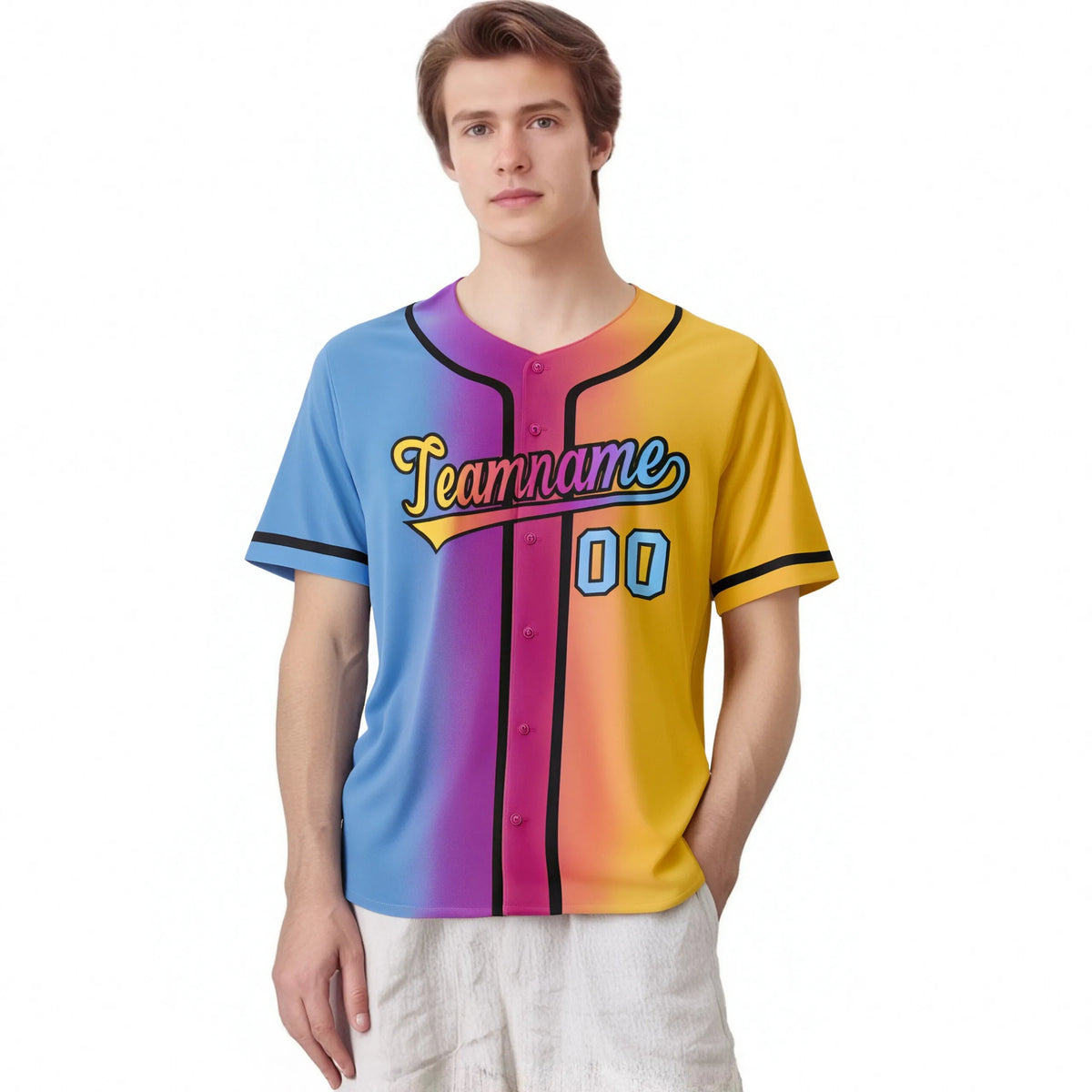 Custom Light Blue Pink-Yellow Gradient Style Authentic Baseball Jersey