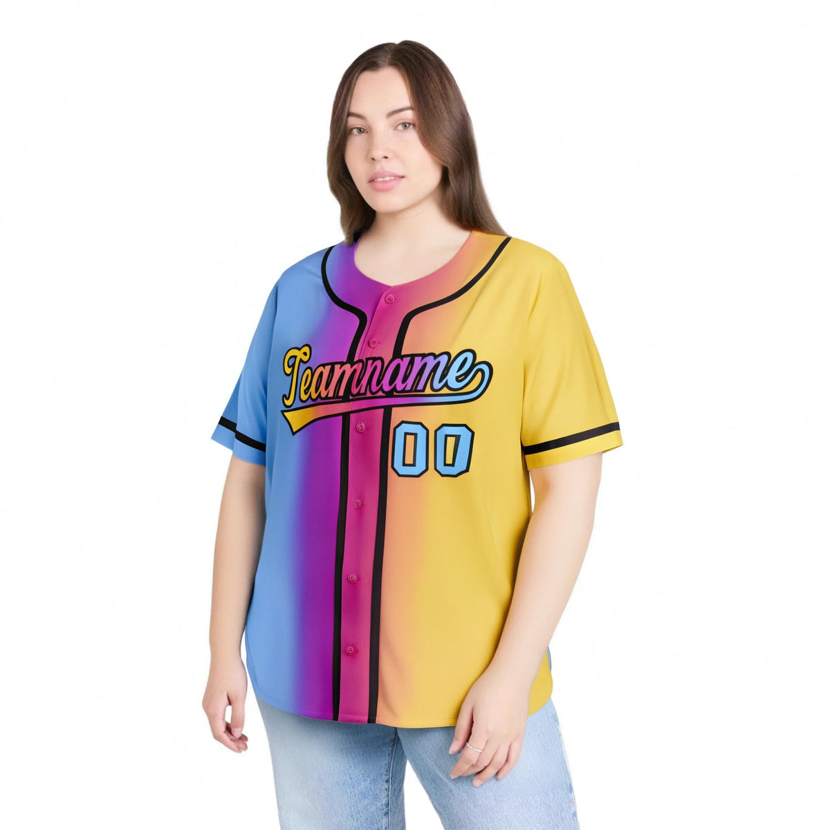 Custom Light Blue Pink-Yellow Gradient Style Authentic Baseball Jersey