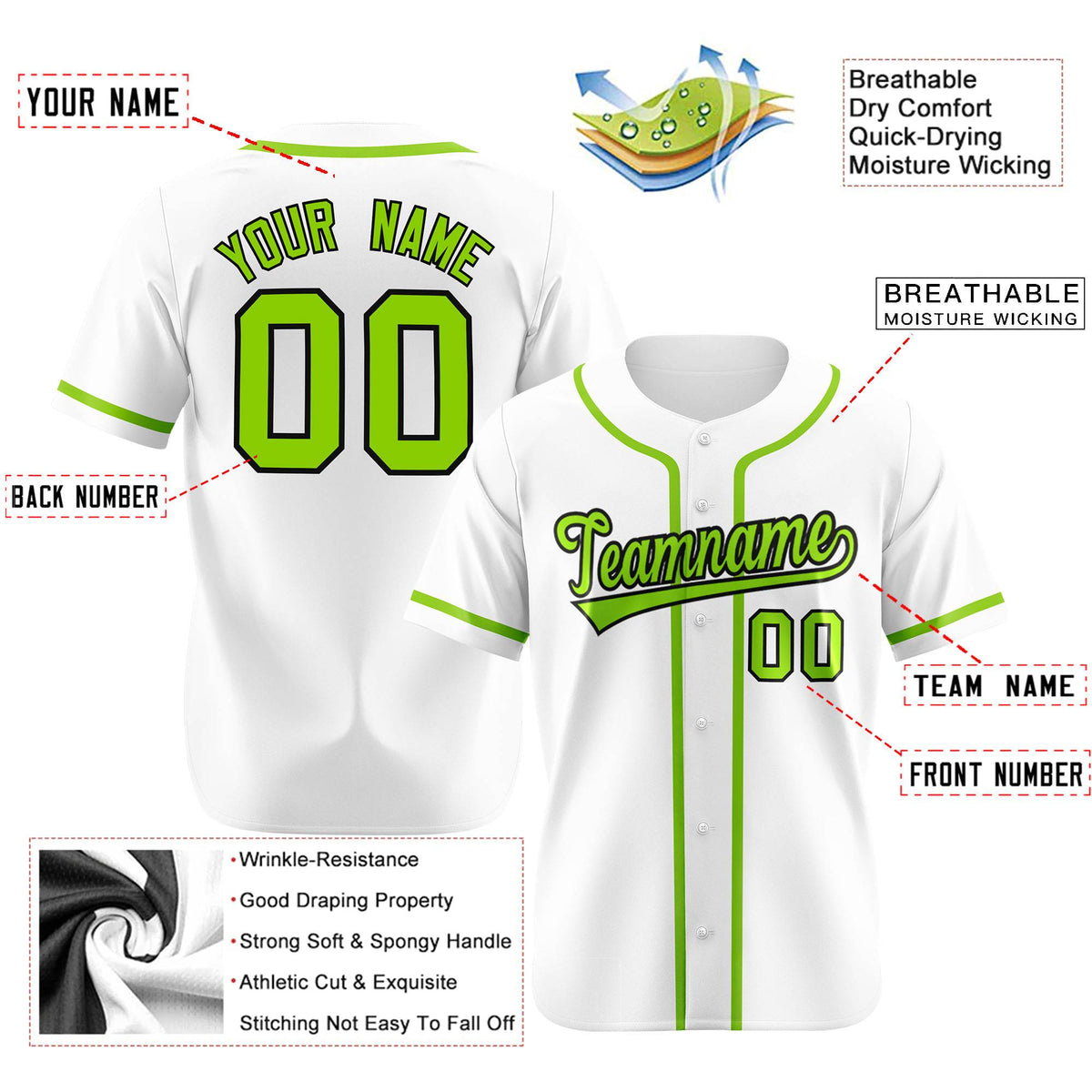 Custom White Neon Green Classic Style Authentic Baseball Jersey