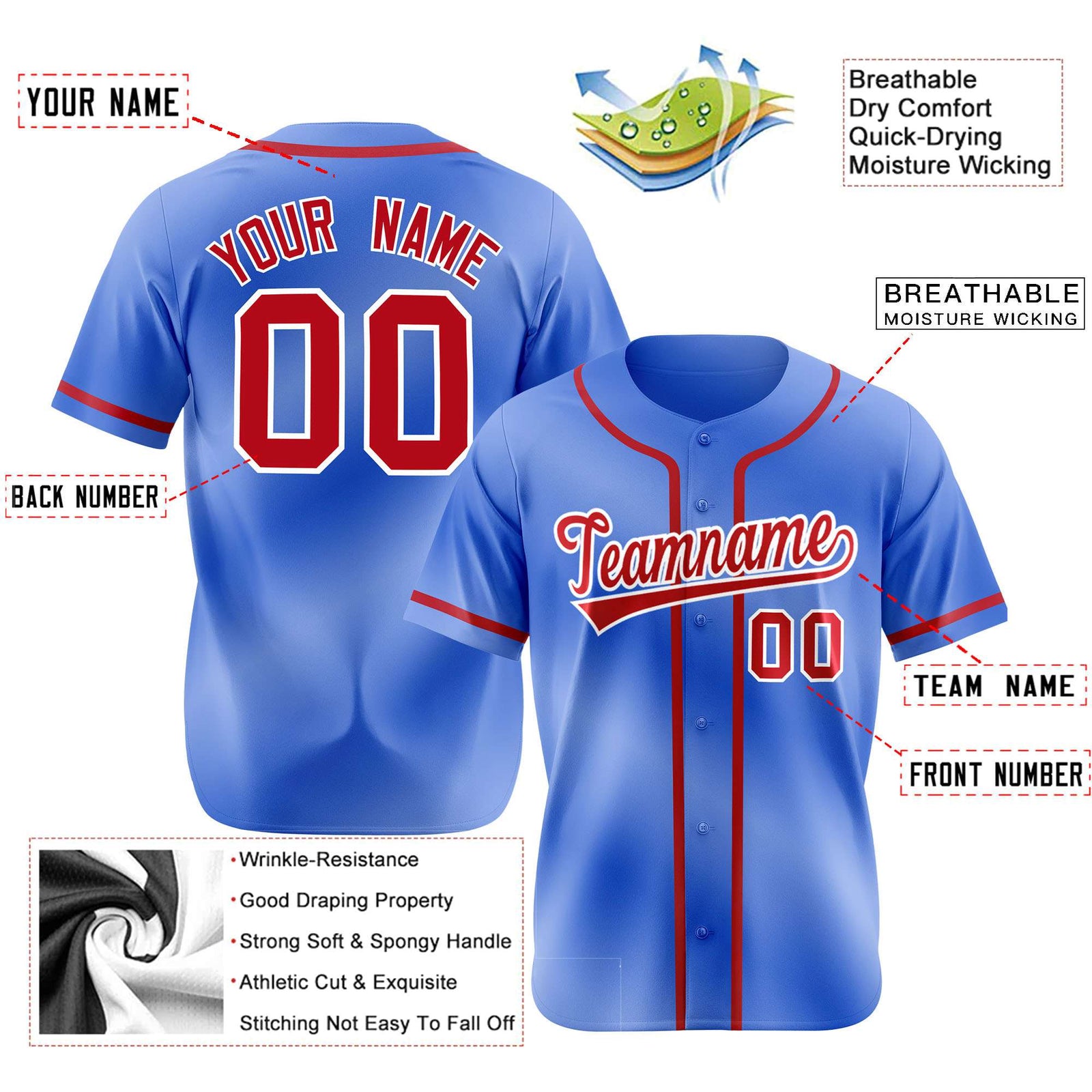 Custom Powder Blue Red Classic Style Authentic Baseball Jersey