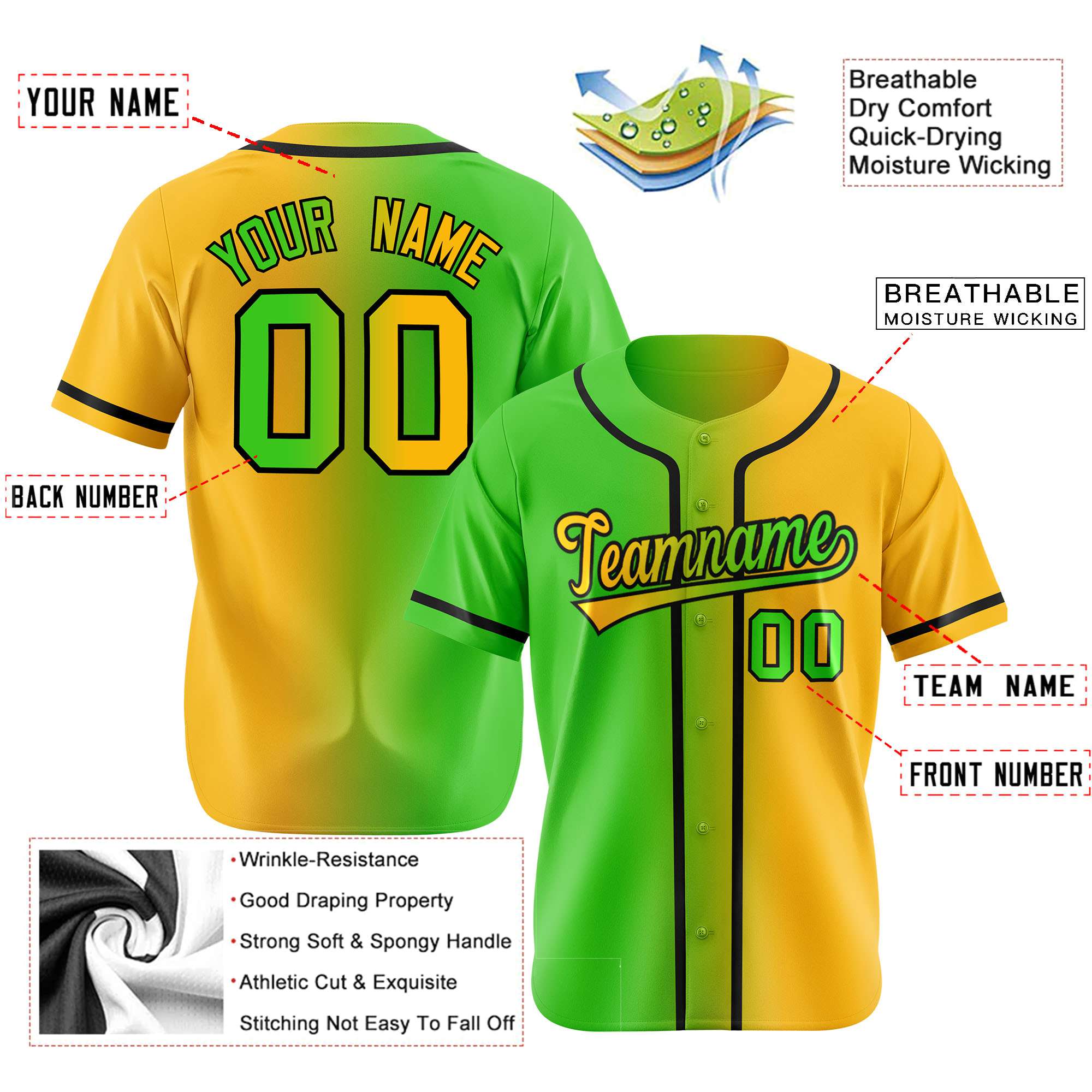 Custom Green Yellow Gradient Style Authentic Baseball Jersey