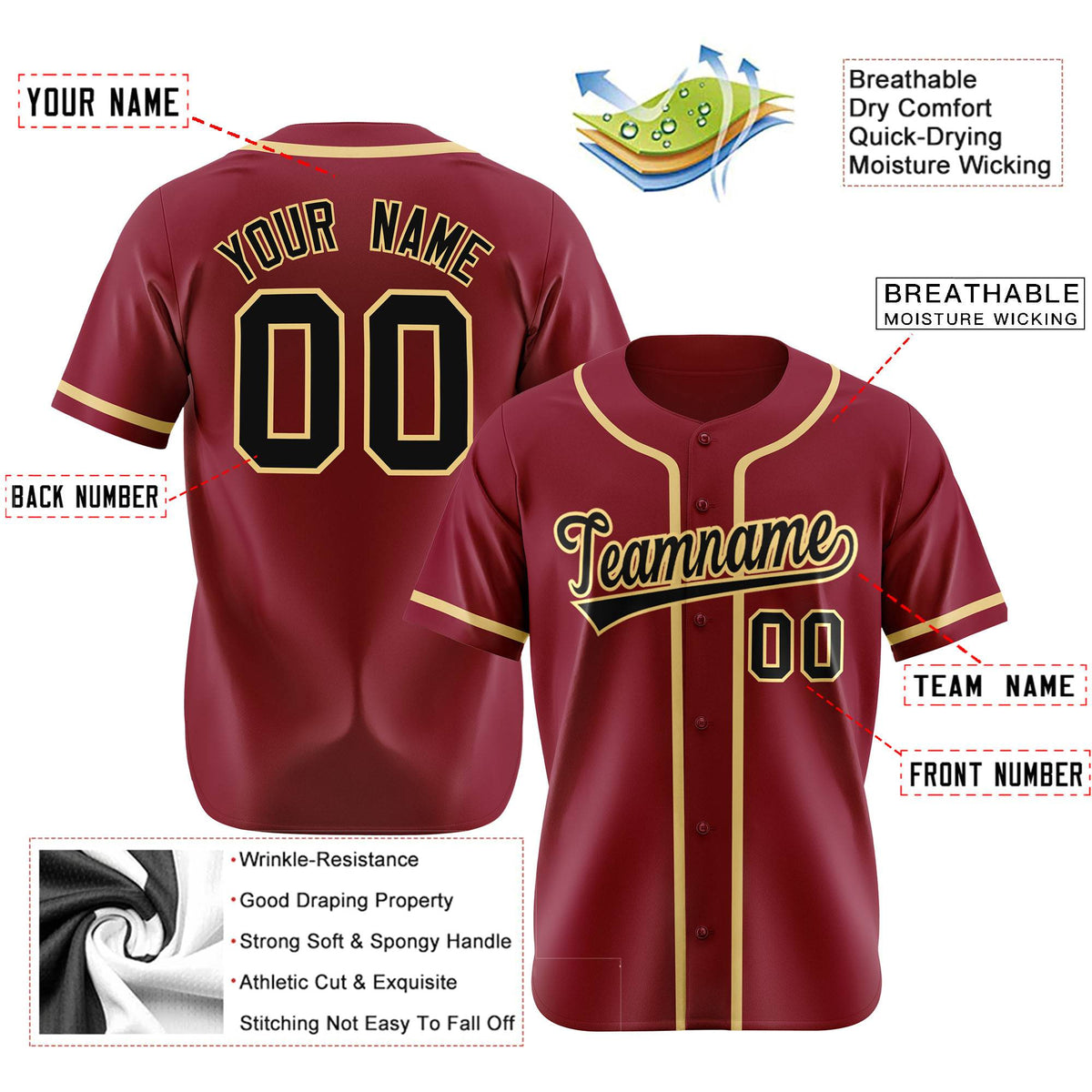 Custom Crimson khaki-Black Classic Style Authentic Baseball Jersey