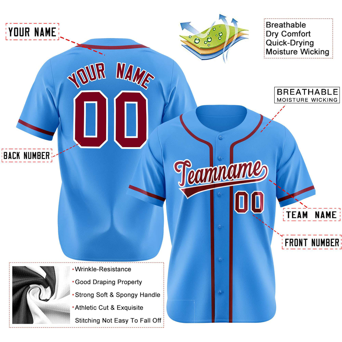 Custom Powder Blue Crimson Classic Style Authentic Baseball Jersey