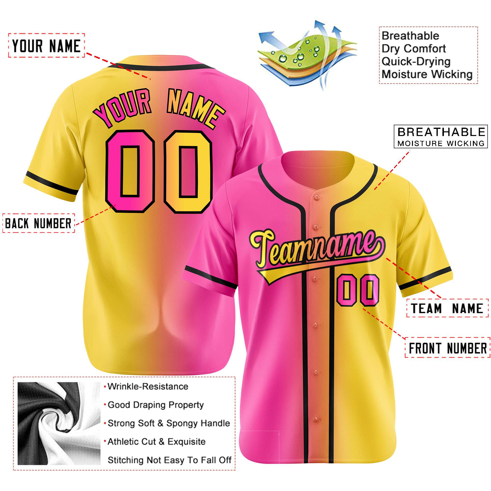 Custom Pink Yellow Gradient Authentic Baseball Jersey