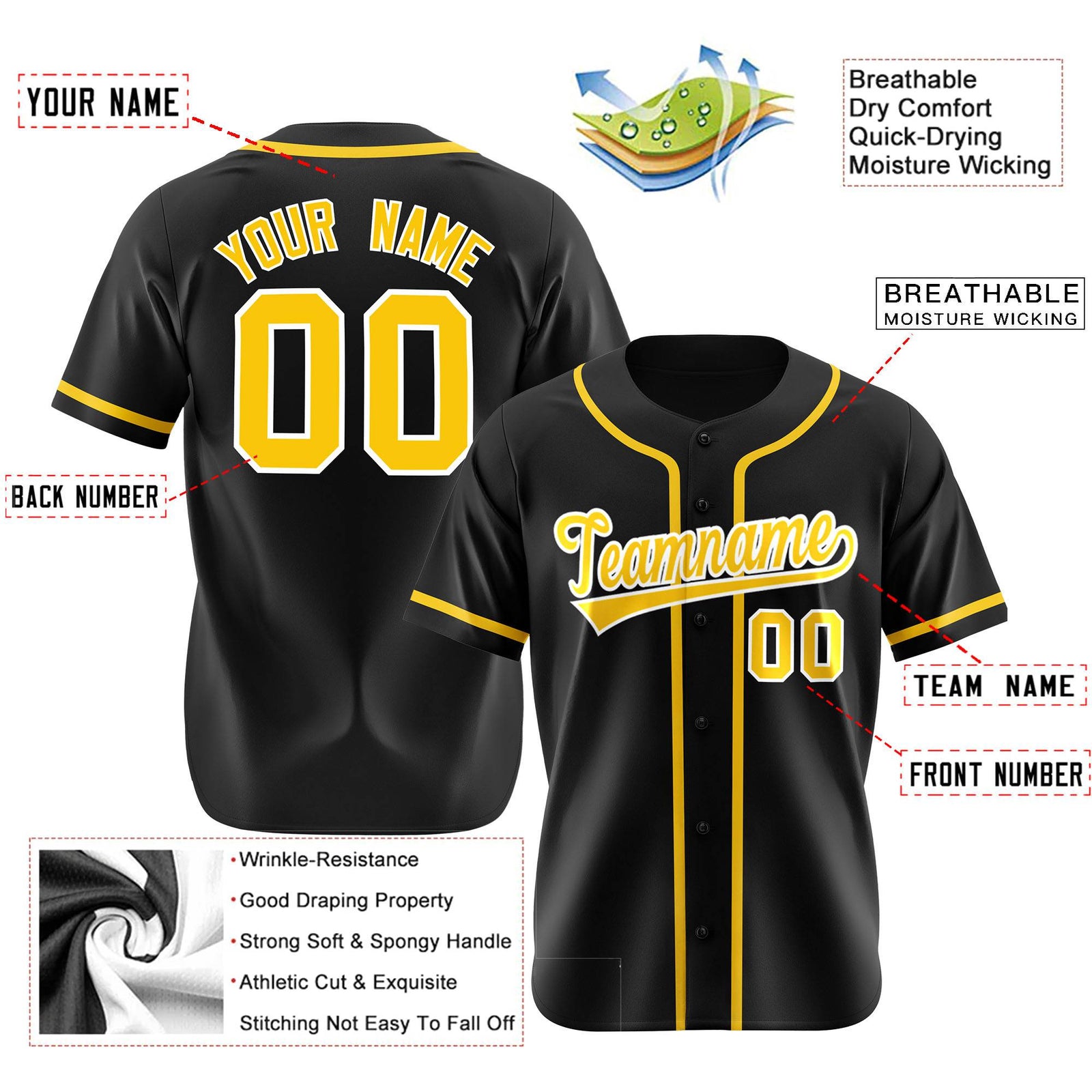 Custom Black Gold Classic Style Authentic Baseball Jersey