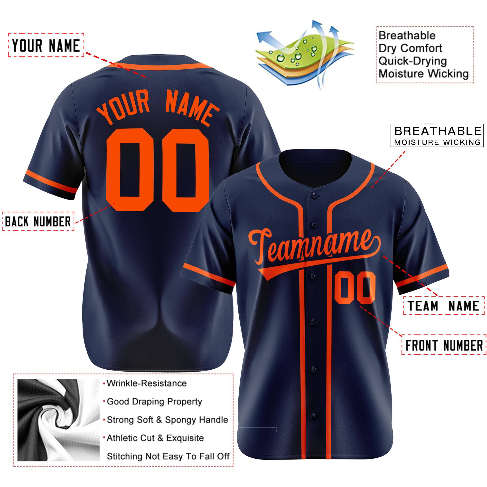 Custom Navy Orange Classic Style Authentic Baseball Jersey