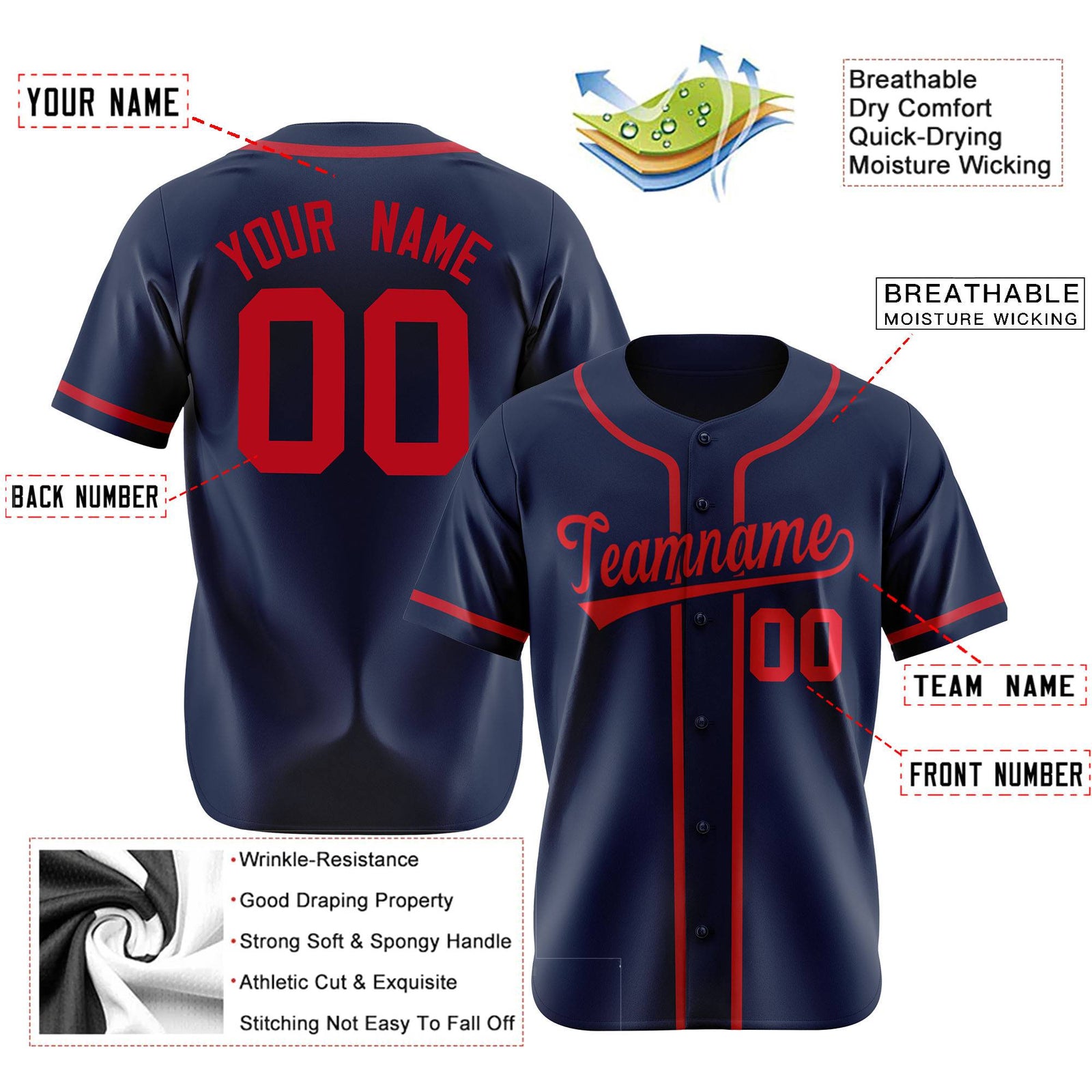 Custom Navy Red Classic Style Authentic Baseball Jersey
