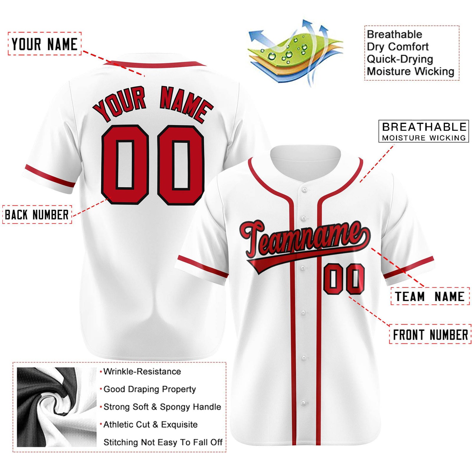 Custom White Red Classic Style Authentic Baseball Jersey