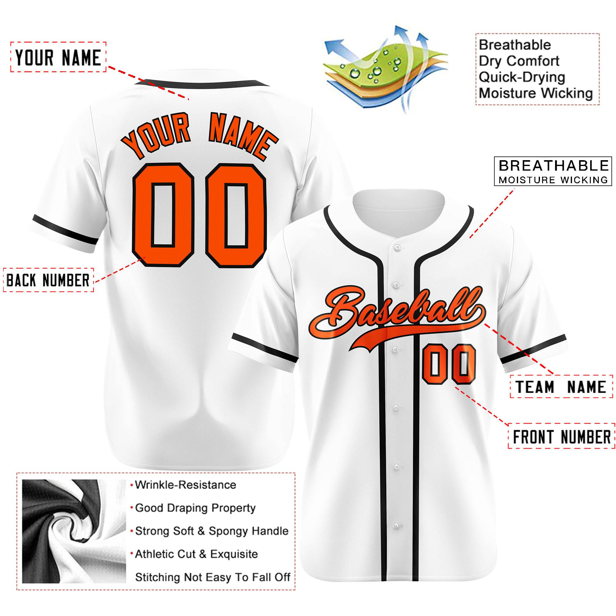 Custom White Black-Orange Classic Style Authentic Baseball Jersey