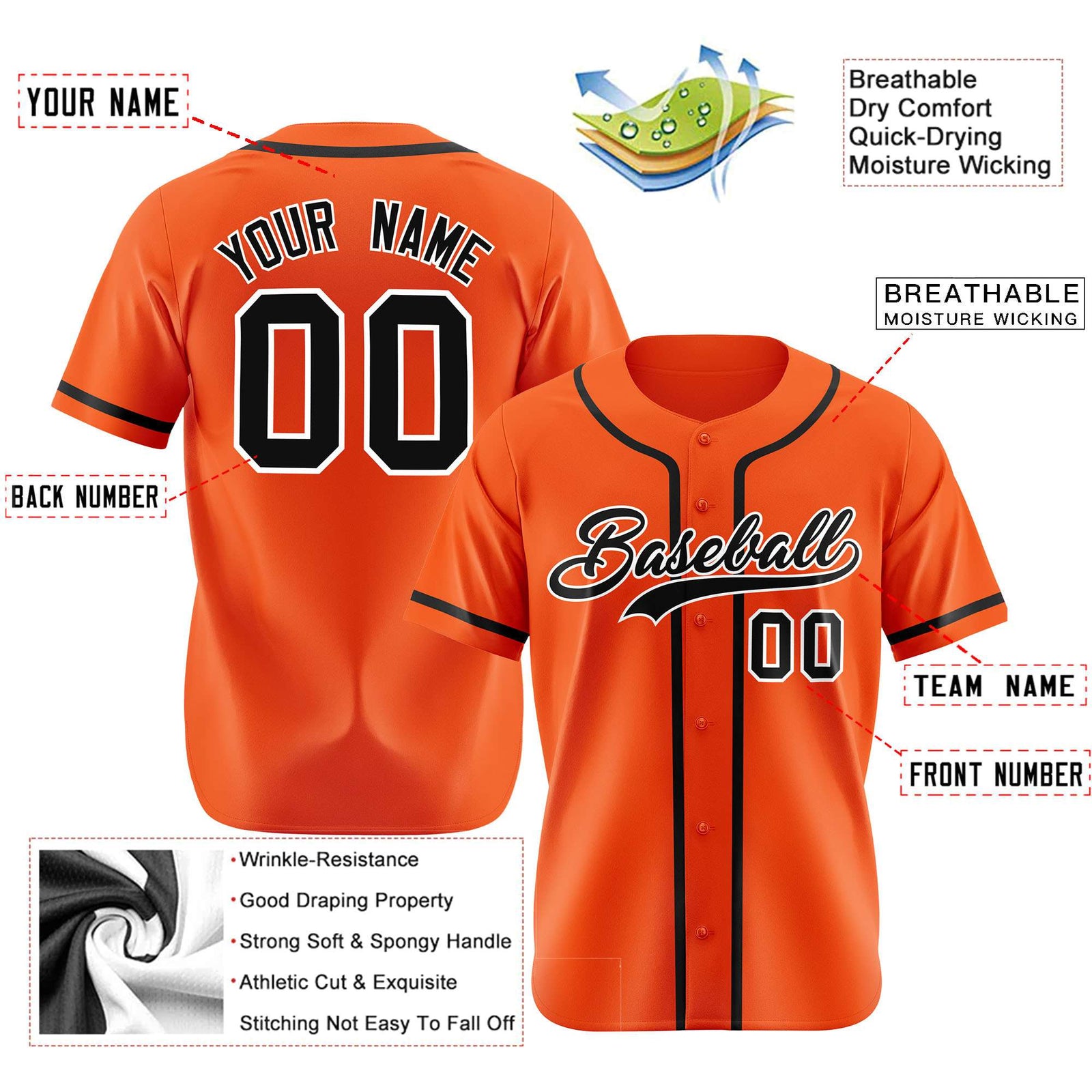 Custom Orange Black Classic Style Authentic Baseball Jersey