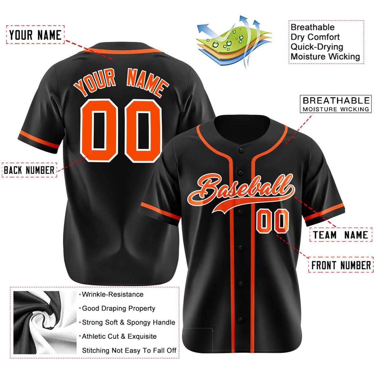 Custom Black Orange Classic Style Authentic Baseball Jersey
